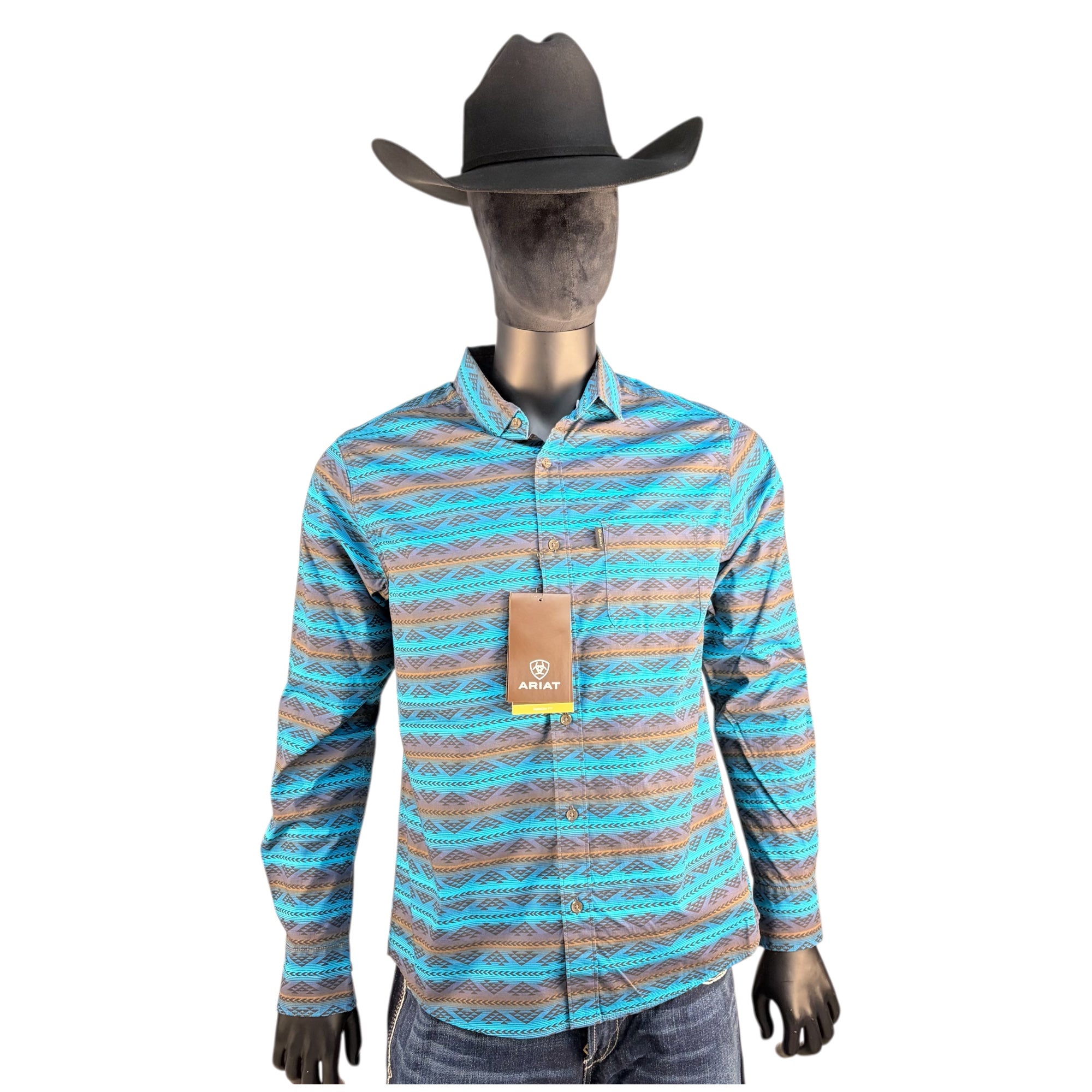Ariat Men’s Long Sleeve Aztec Print Button-Down Shirt – Turquoise
