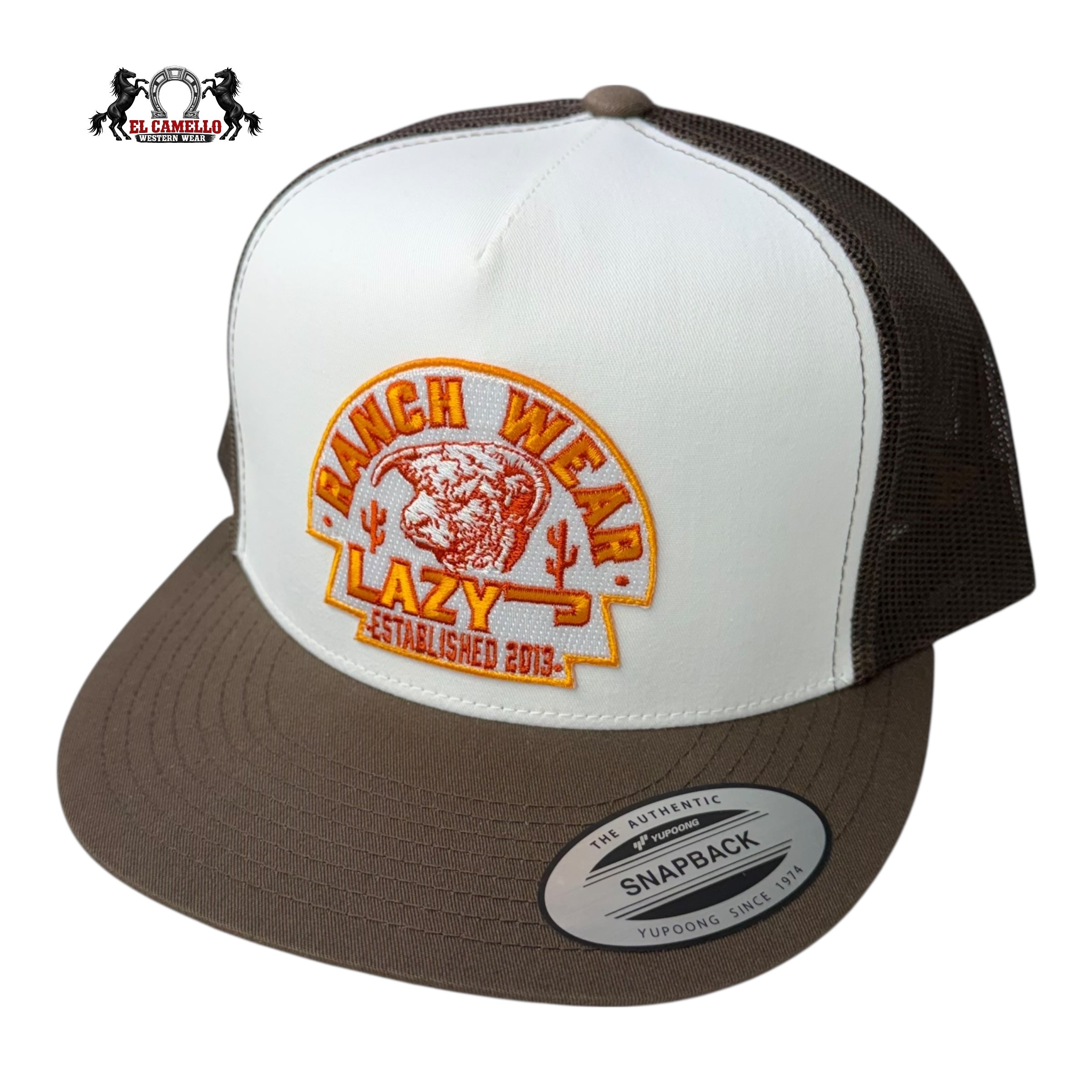 Lazy J Ranch Wear “Ranch Wear” White & Brown Snapback