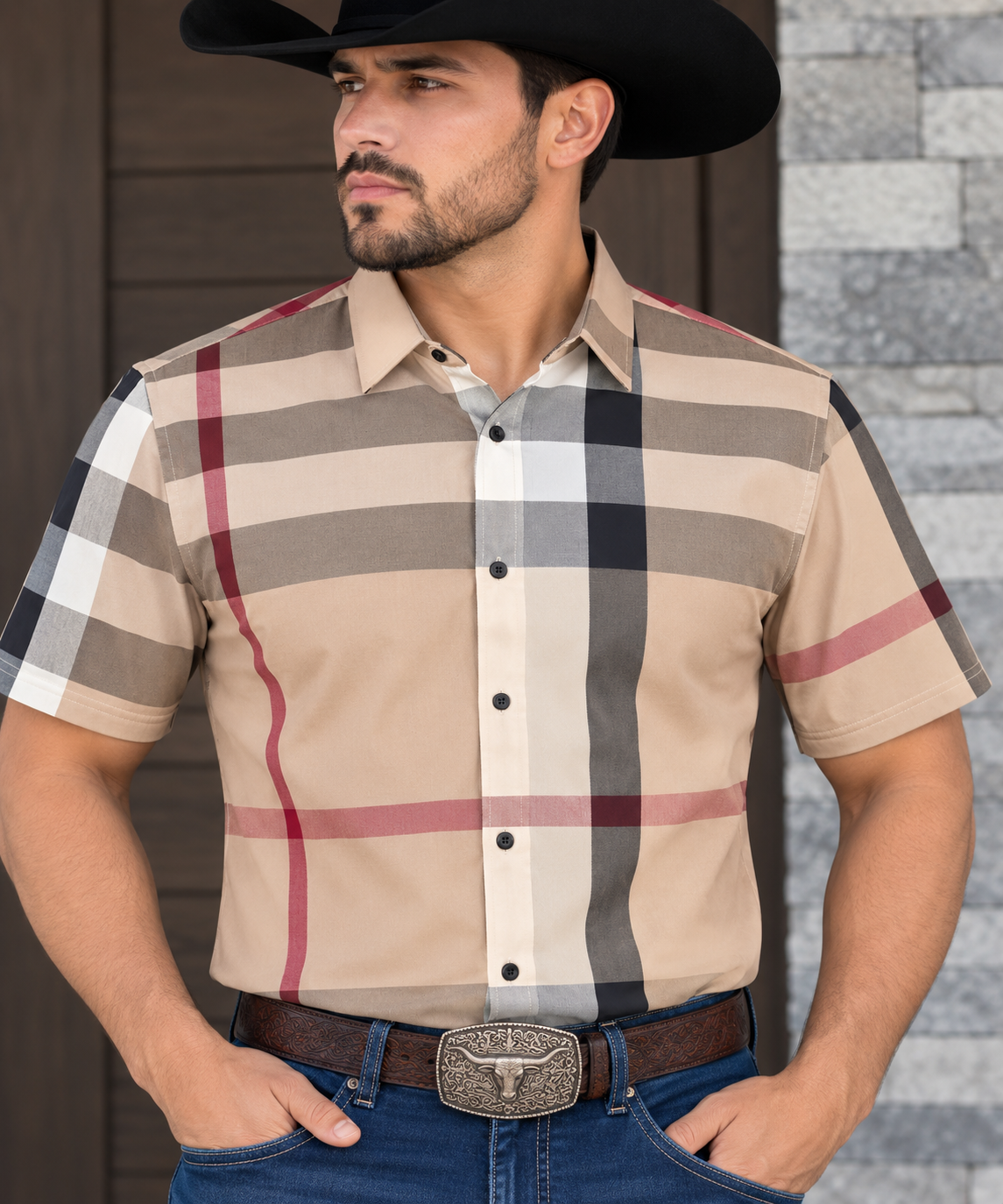 Baldelli Men’s Tan Classic Plaid Short Sleeve Shirt CHS-201