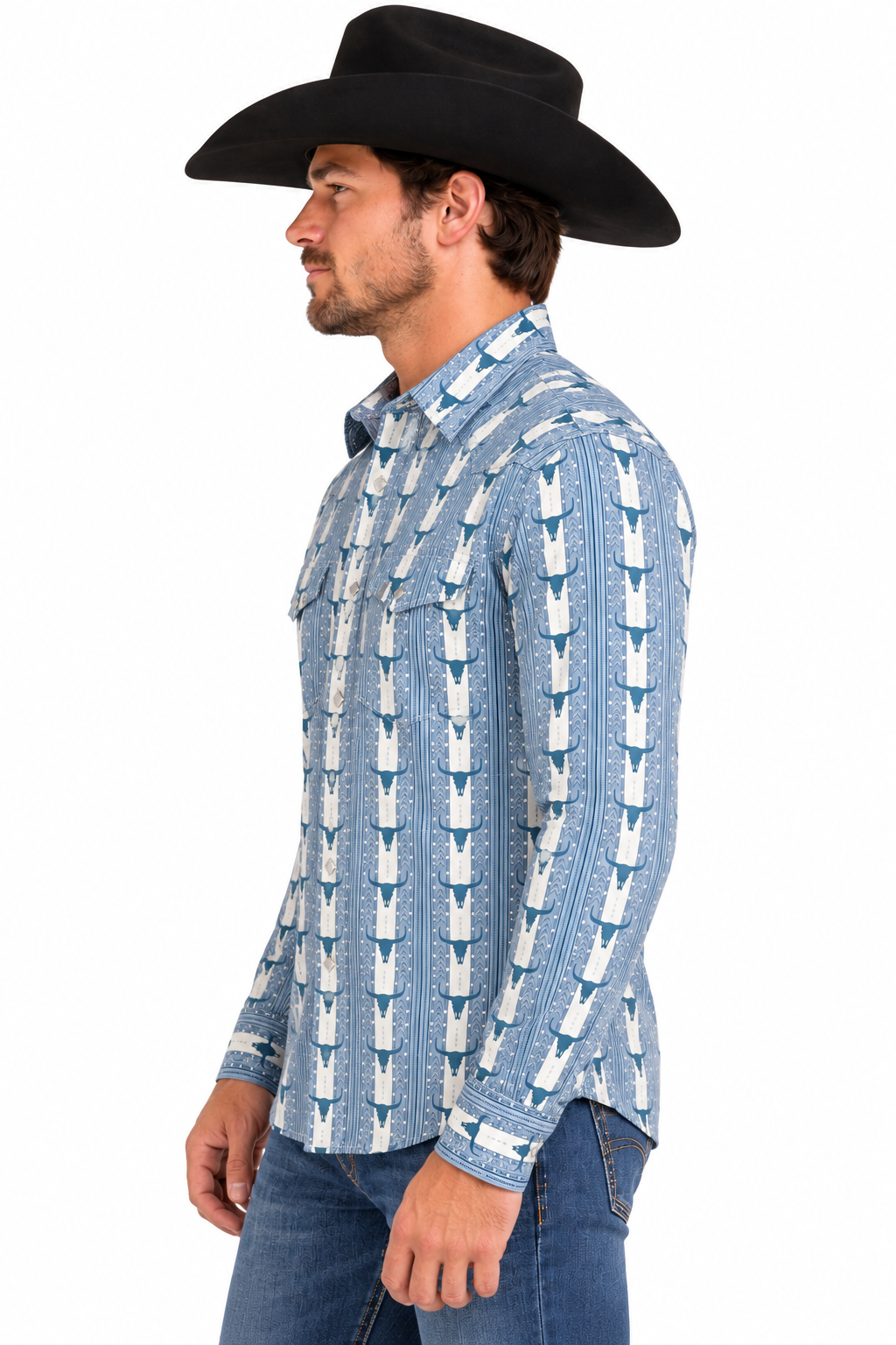 Platini Men’s Blue Longhorn Print Stretch Western Shirt WPL11074