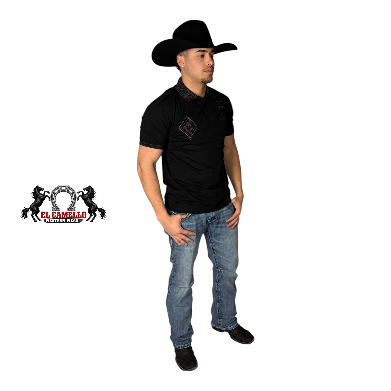 LAM-28235 Black Western Embroidered Polo