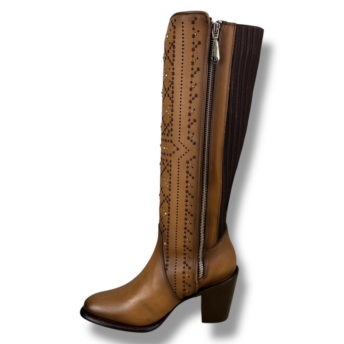 Cuadra Women’s Tall Almond Brown Leather Boot with Crystals CC258