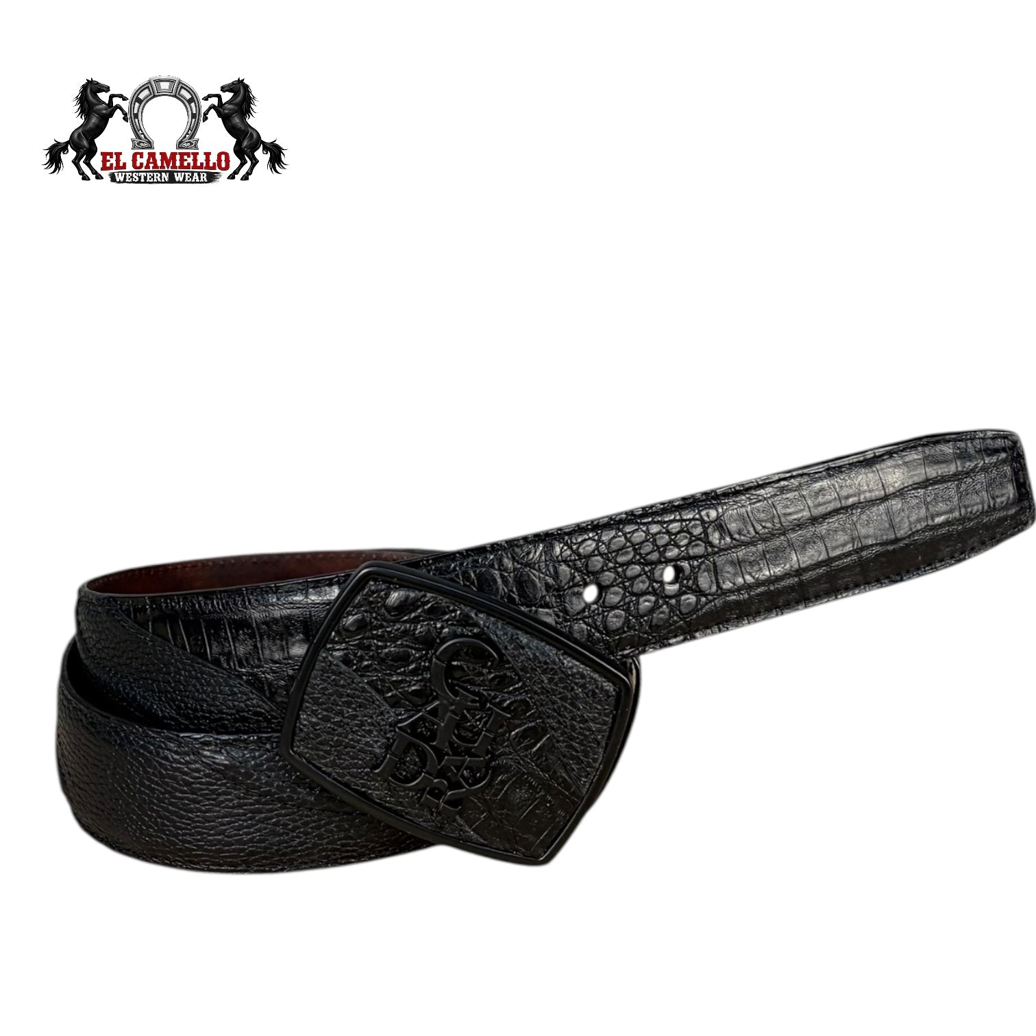 Cuadra Men’s Black Exotic Leather Belt with Matte Black Logo Buckle