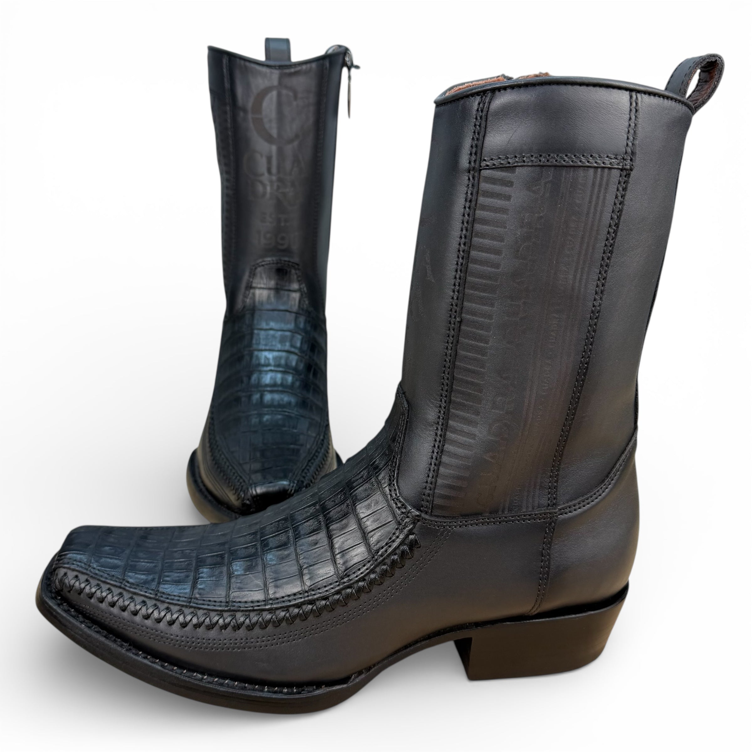 Cuadra CU805 MN Plunge Black Caiman Laser & Woven Narrow Square Toe