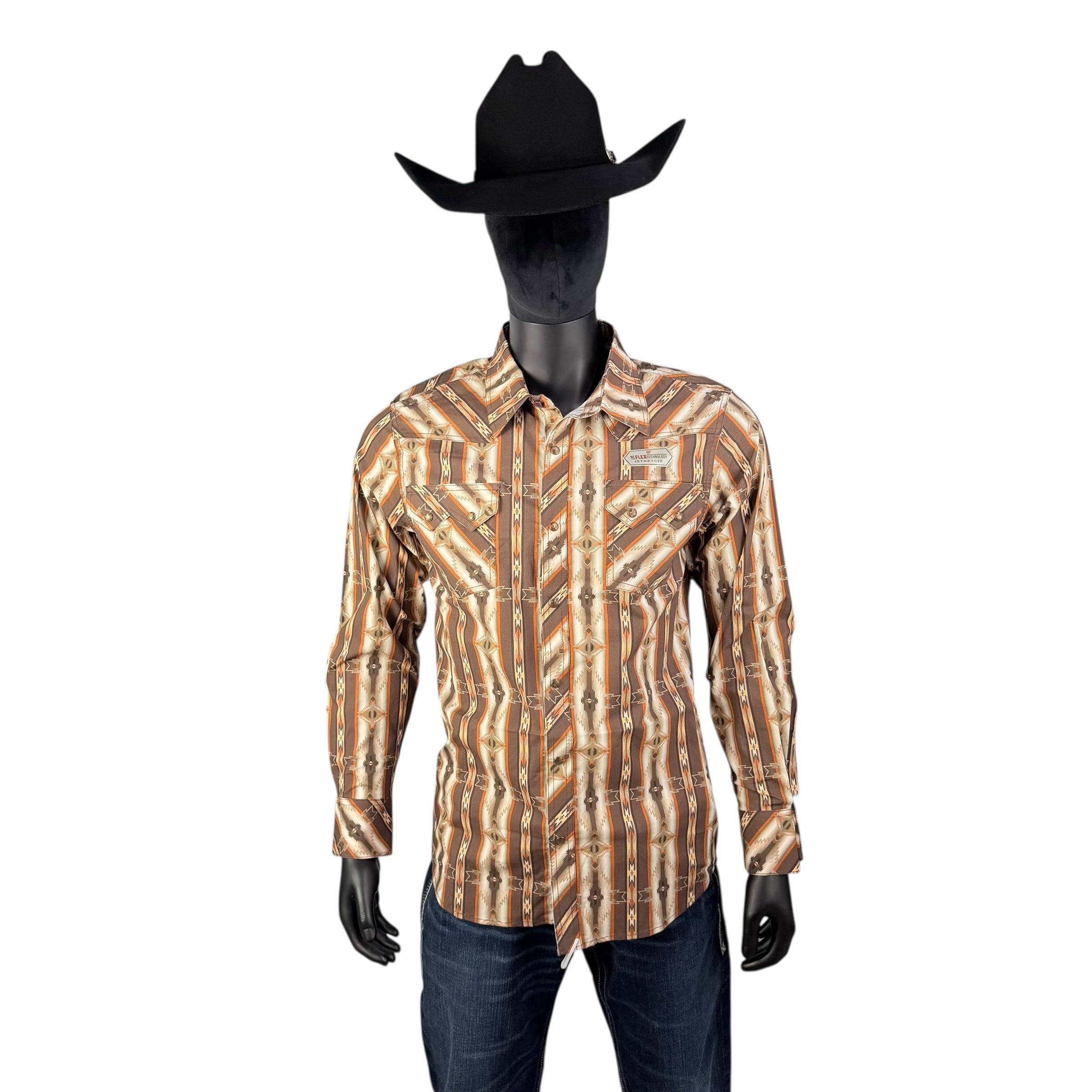 BMN2S07635 – Rock & Roll Denim Dark Brown Aztec Printed Long Sleeve Western Shirt
