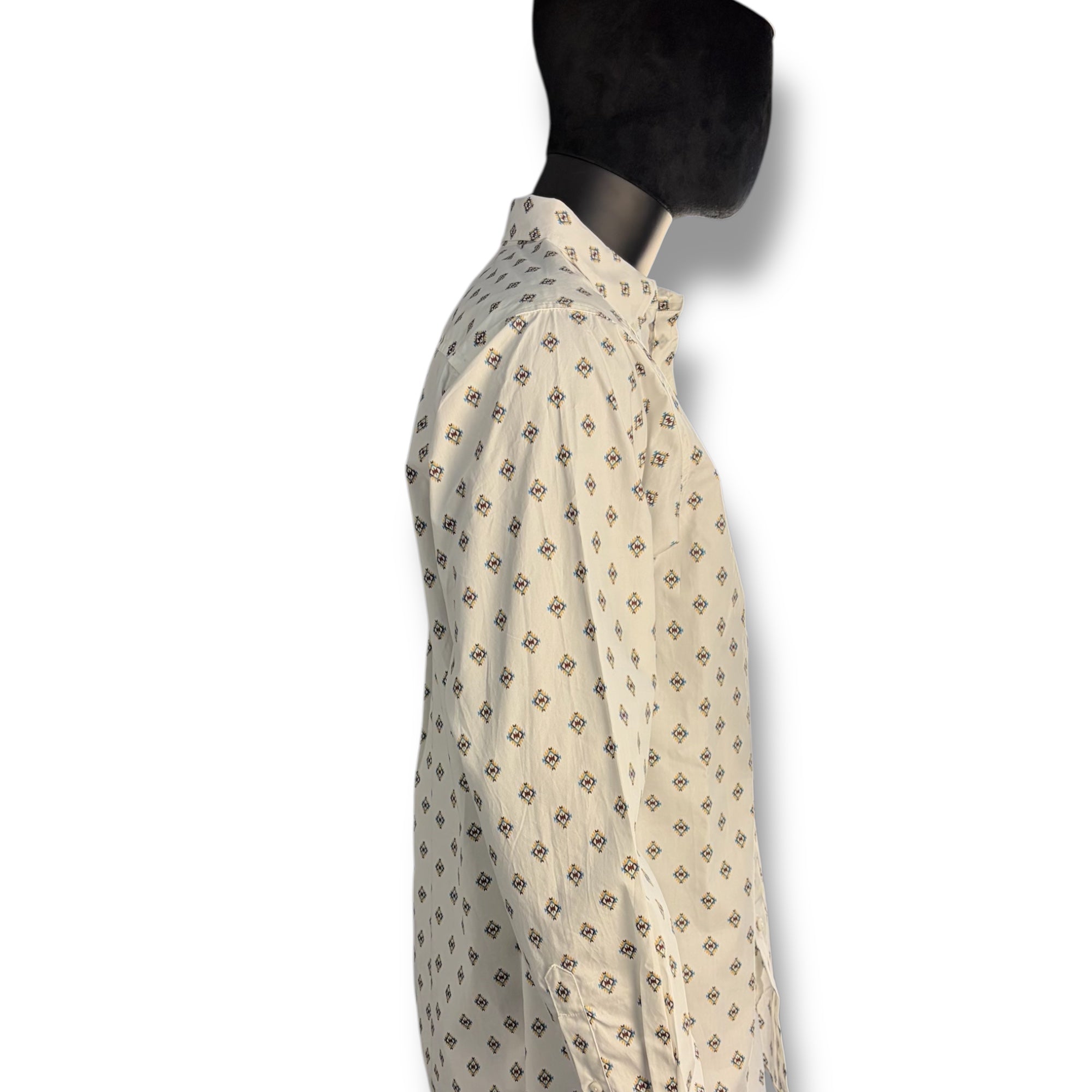 Men’s Western Long Sleeve Button-Down Shirt – Cream Geo Print