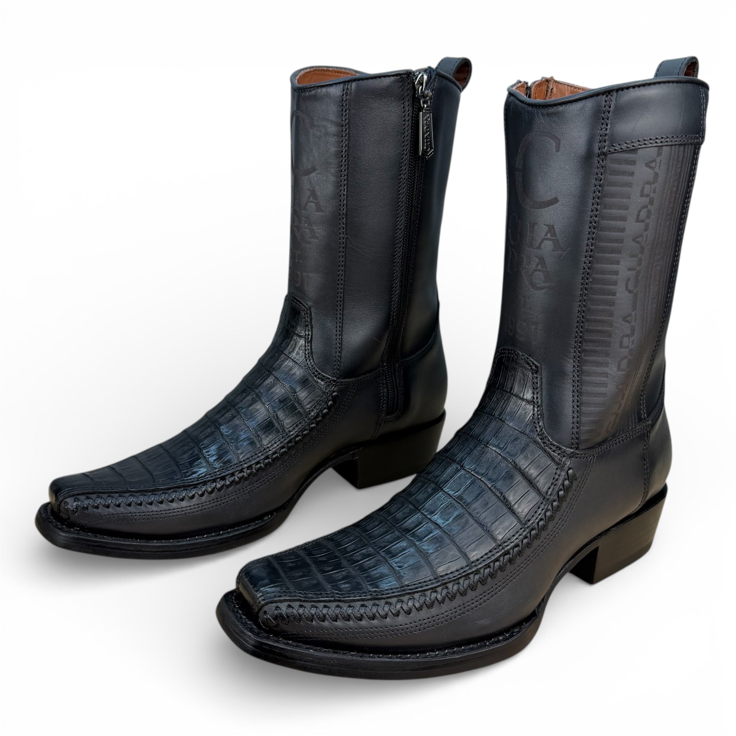 Cuadra CU805 MN Plunge Black Caiman Laser & Woven Narrow Square Toe