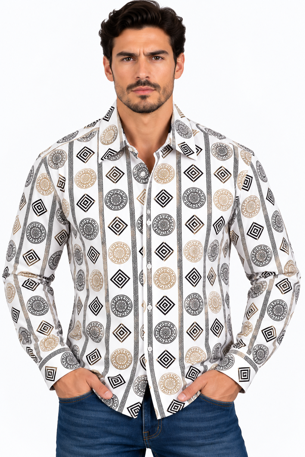Chuxx Men’s White Black & Gold Medallion Print Long Sleeve Shirt FL-3515