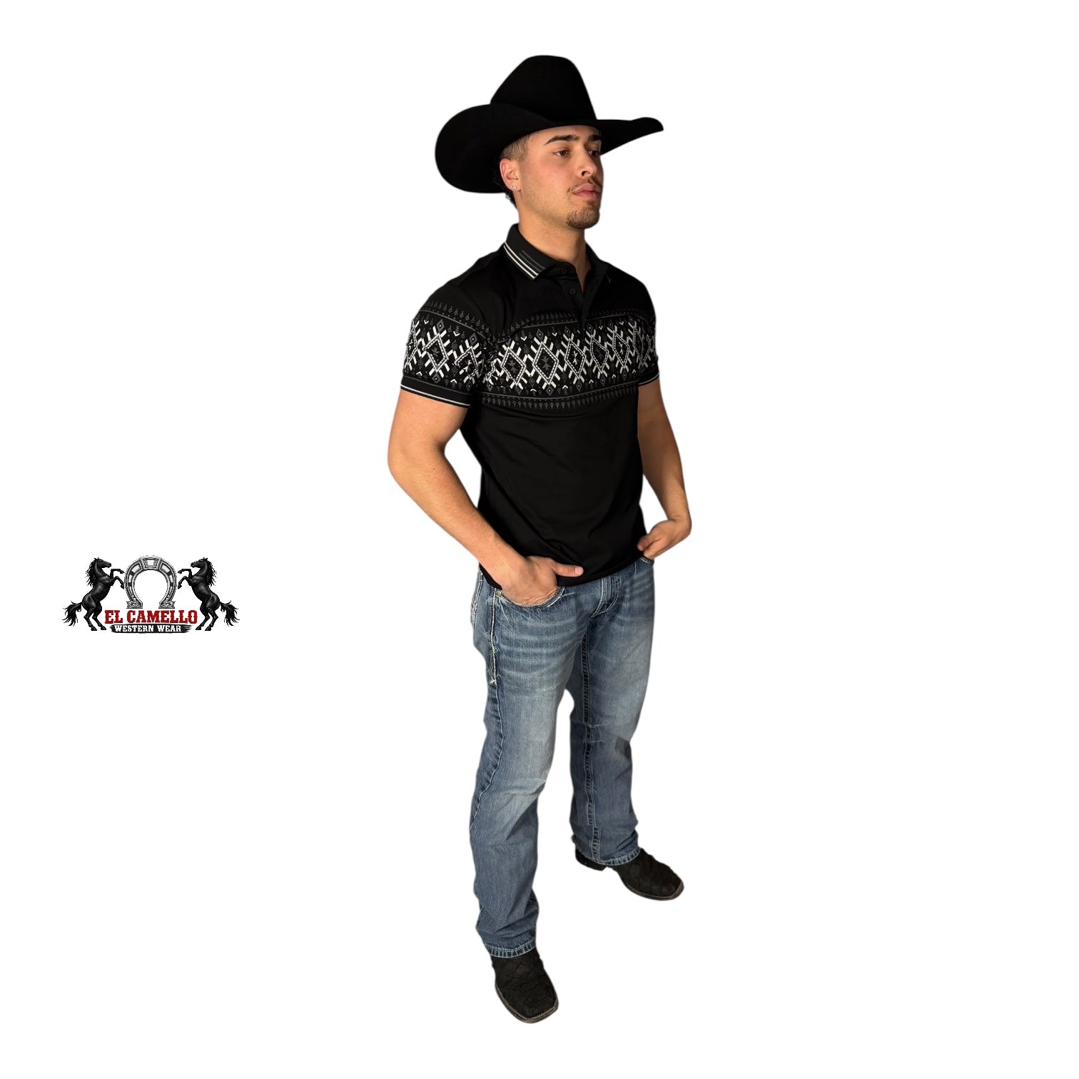 MT36022 Men’s Western Print Polo – Black