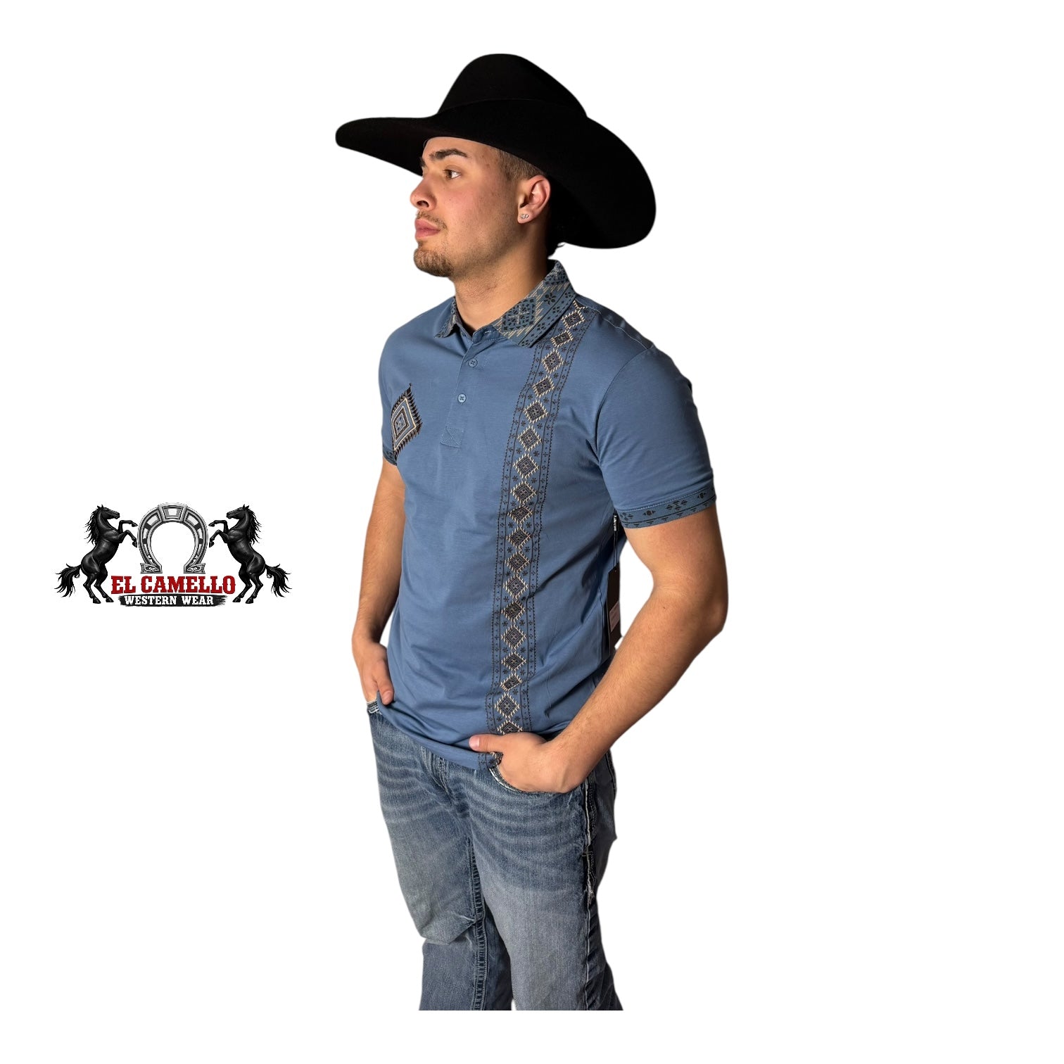 LAM28235 Men’s Western Embroidered Polo – Blue