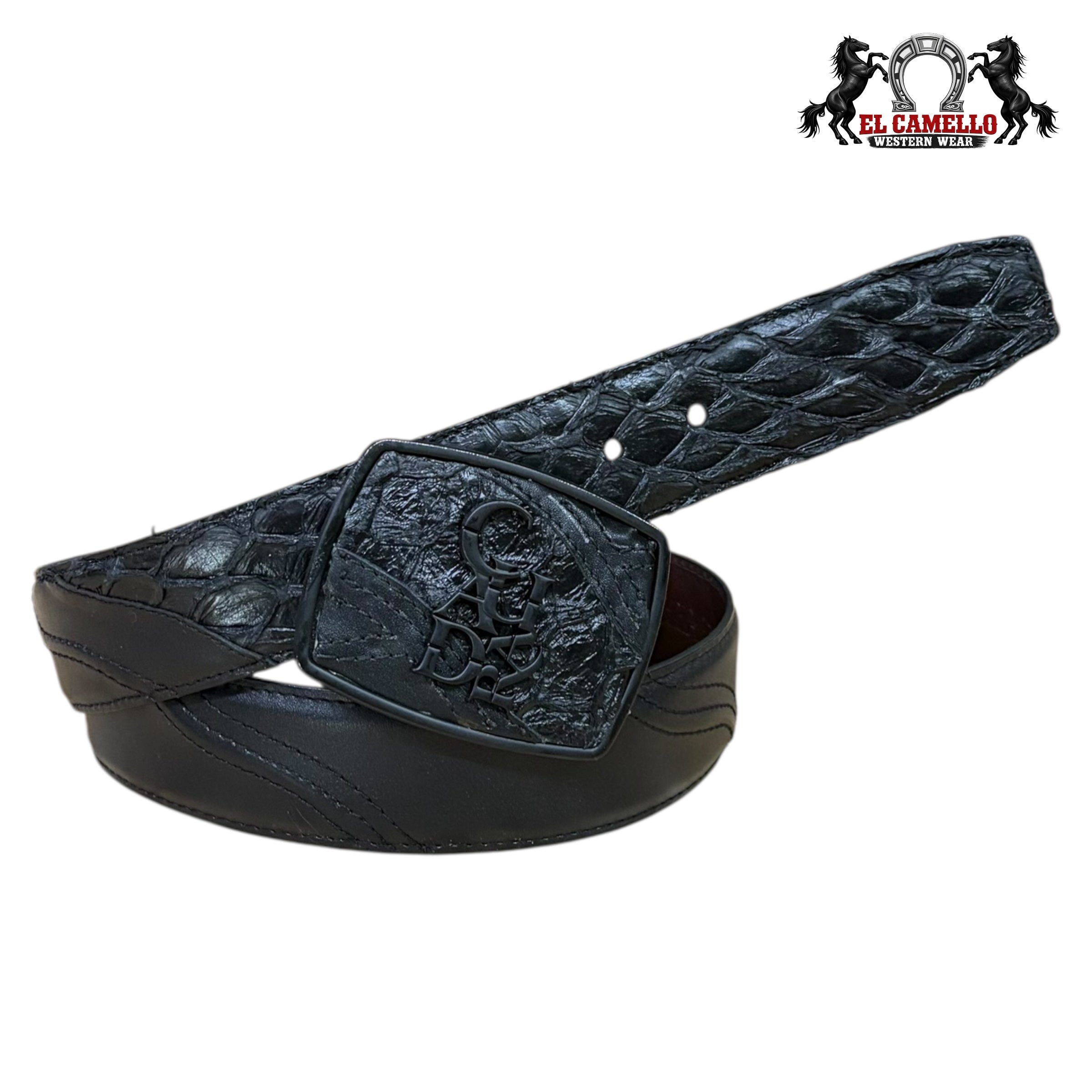 Cuadra Men’s Black Exotic Leather Belt with Logo Buckle BC357