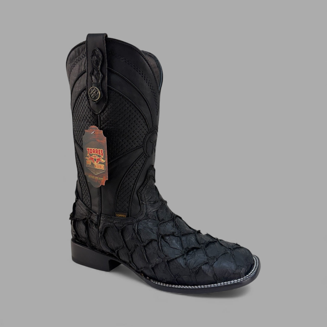 Pirarucu Negro Matte Square Toe Cowboy Boot