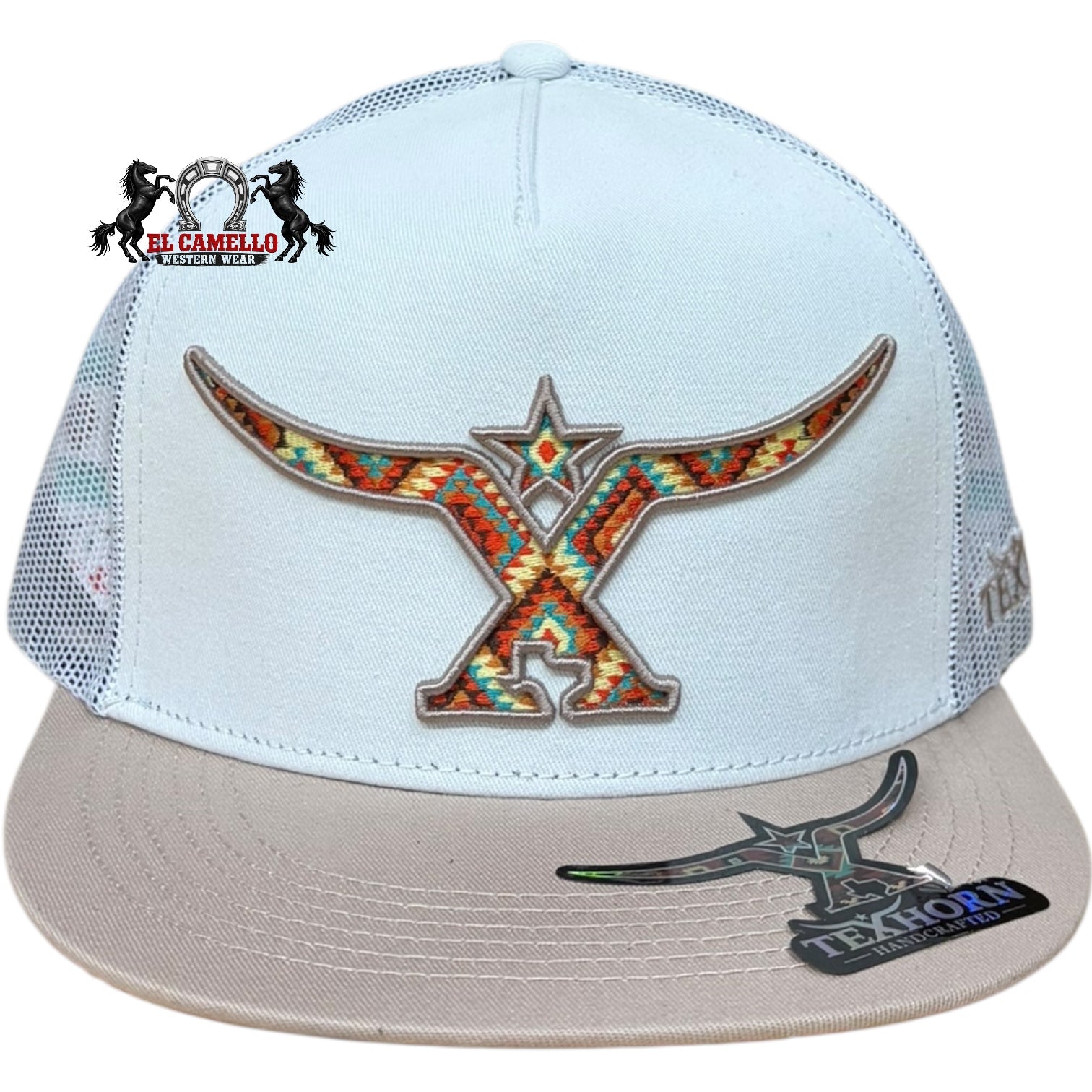 Western Texhorn Aztec Embroidered Mesh Back Snapback Cap – White &Tan