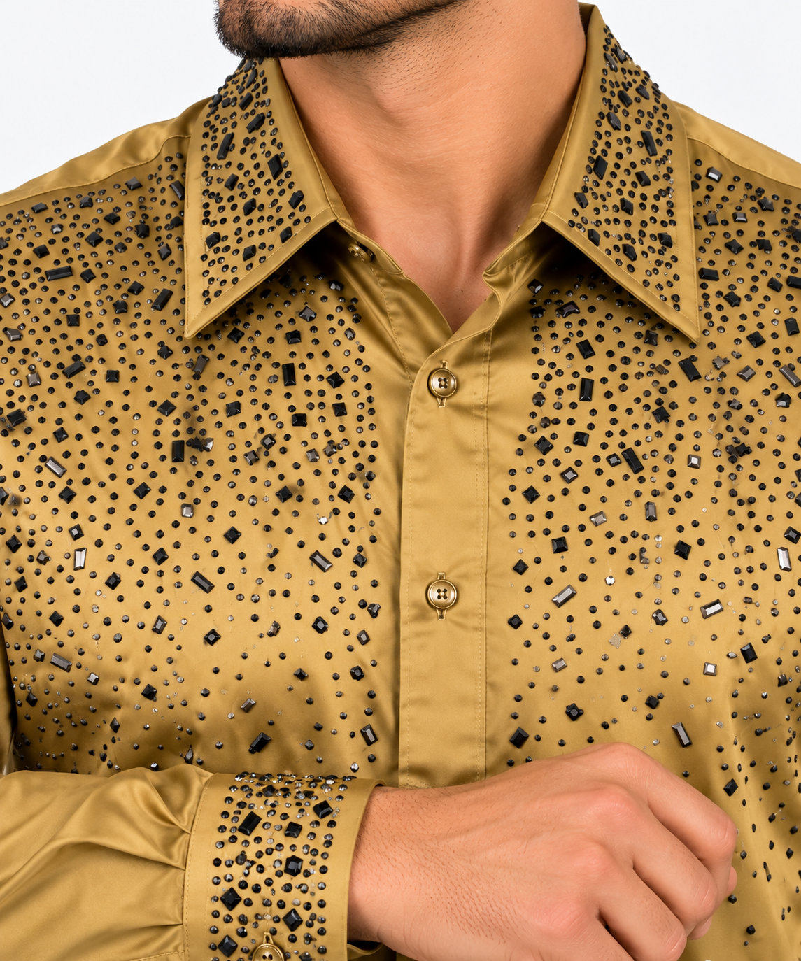 Chuxx Men’s Gold Rhinestone Embellished Long Sleeve Shirt CHLS2201