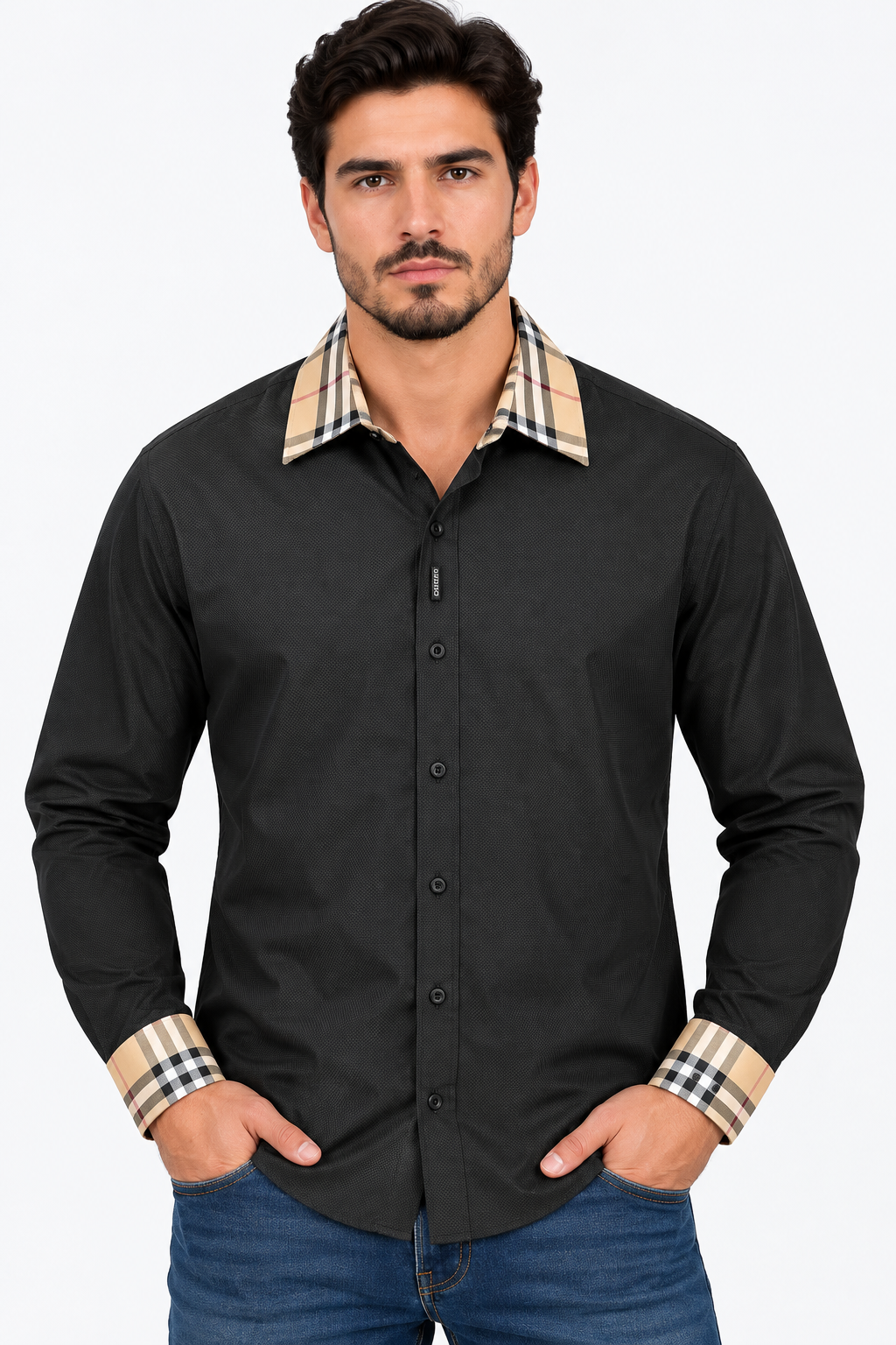 Chuxx Men’s Black Textured Plaid Trim Long Sleeve Shirt DS-004