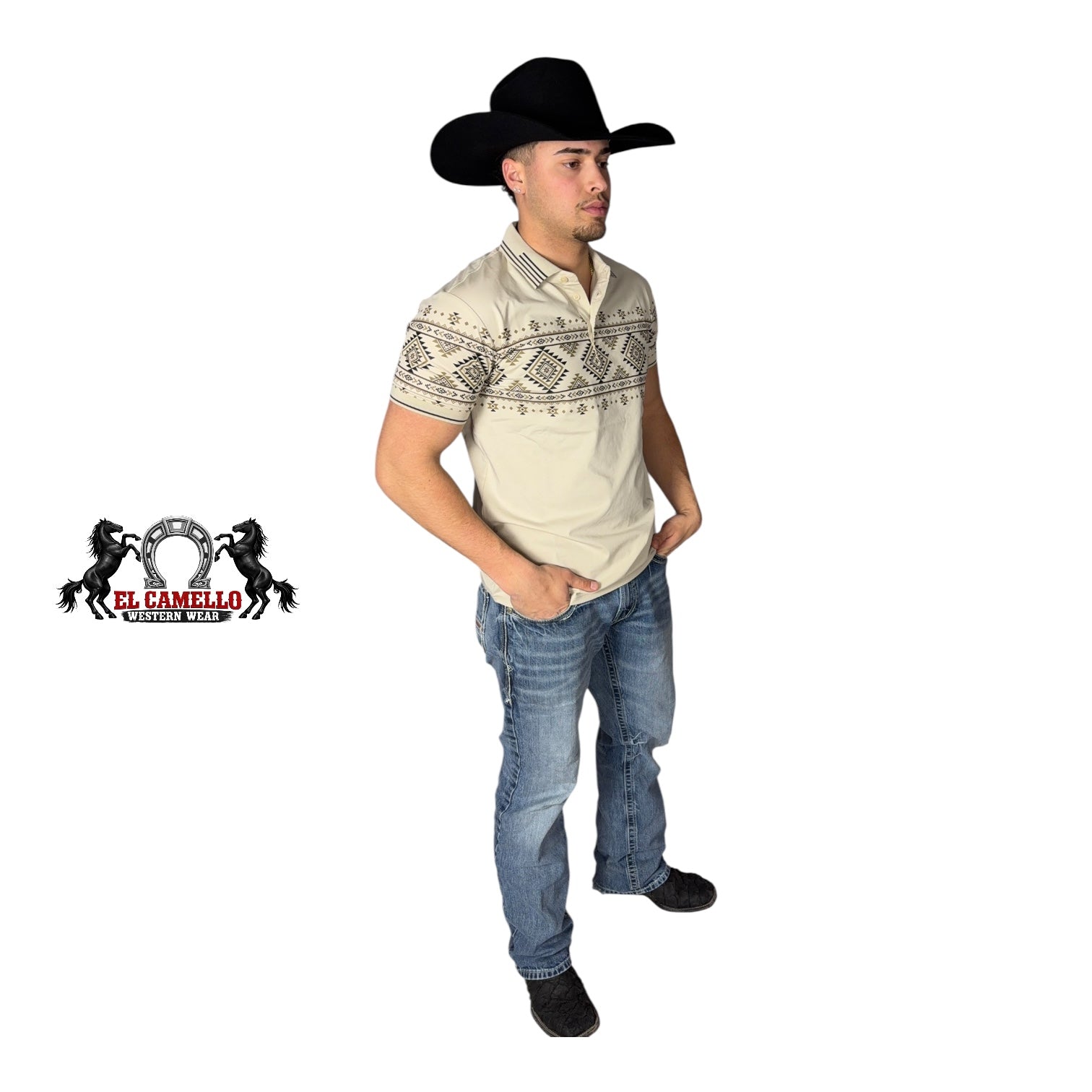 LAM-28232 Menโs Western Print Polo โ Beige
