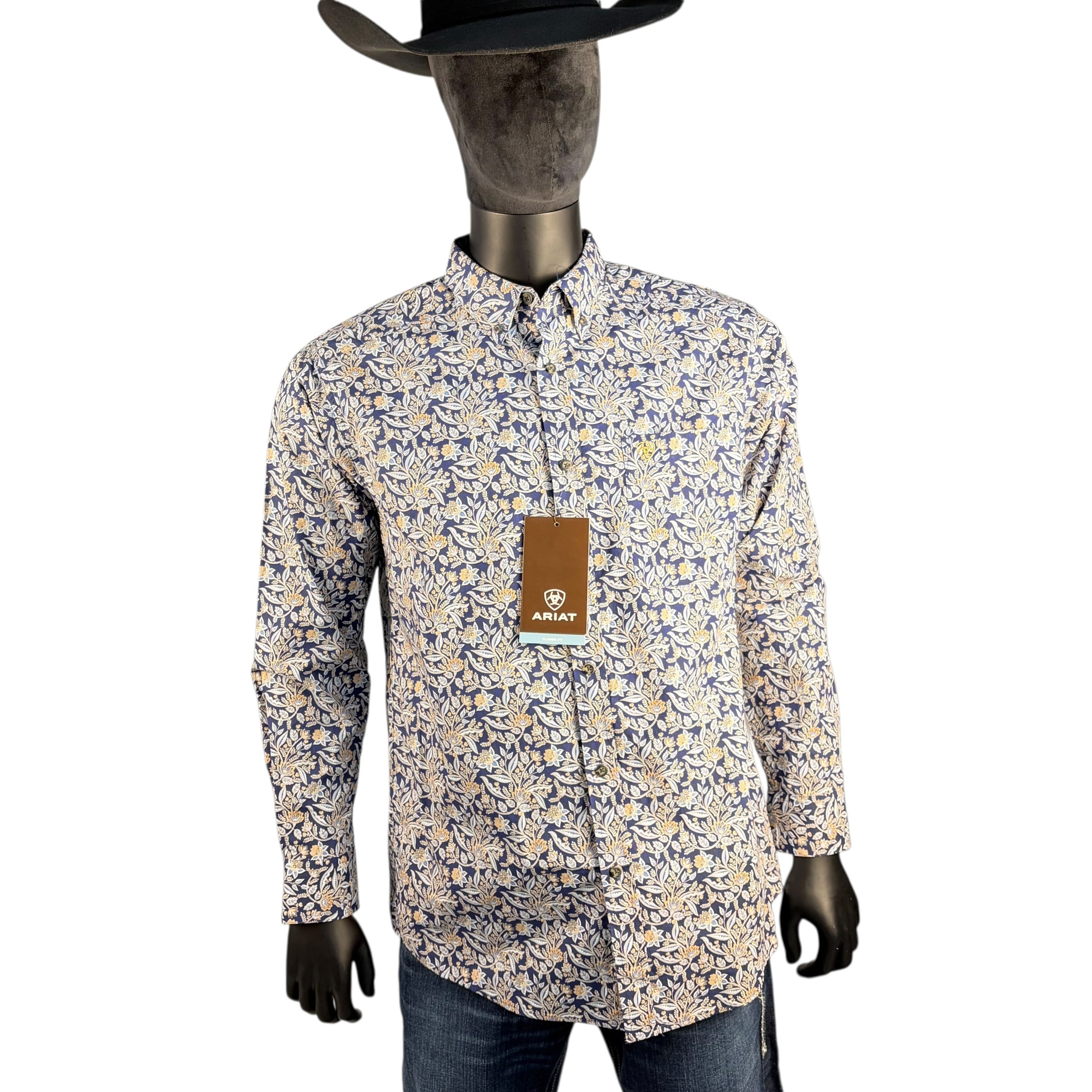 Ariat Men’s Long Sleeve Floral Print Button-Down Western Shirt – Navy & Tan