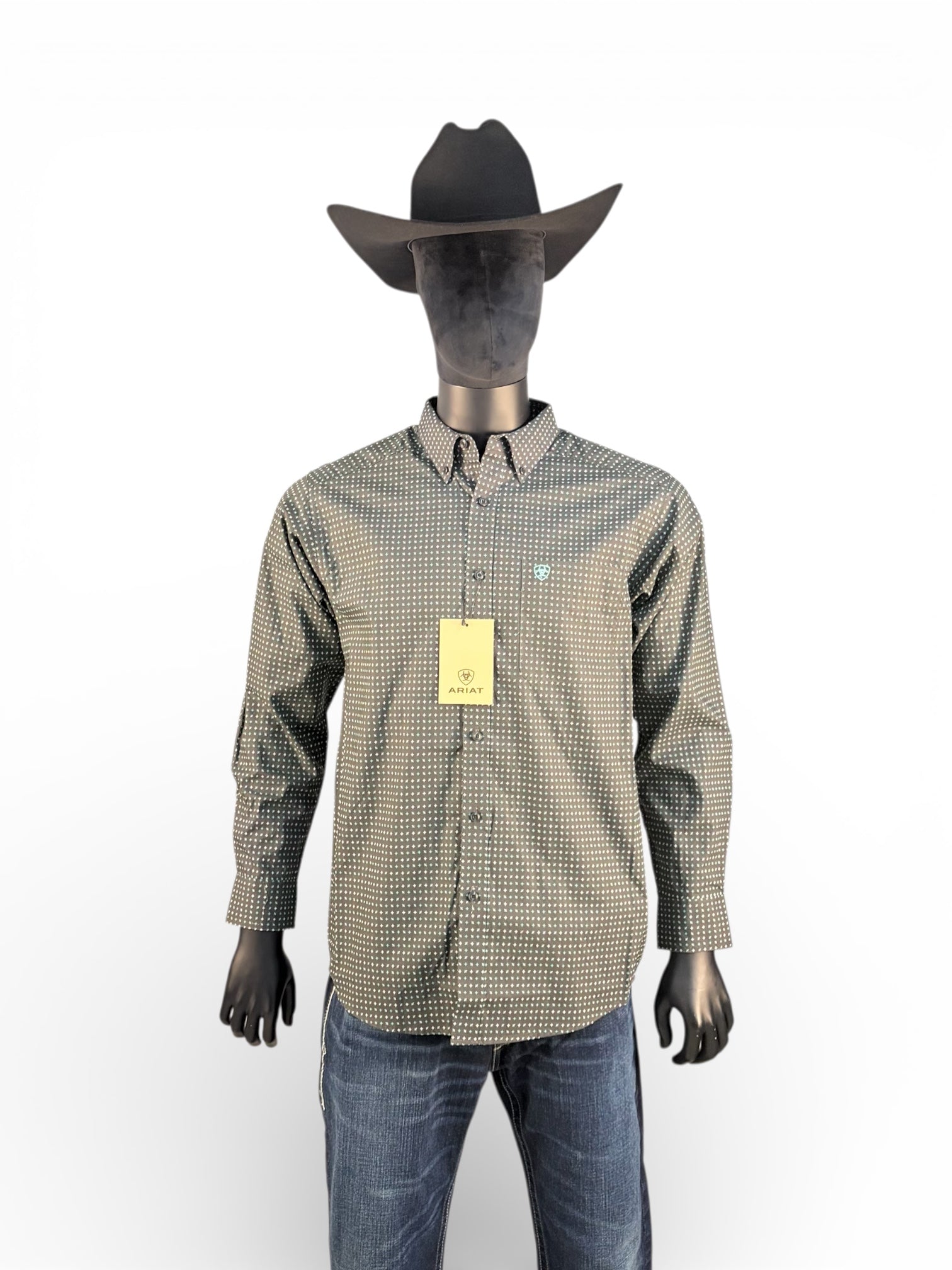 Ariat Men’s Dark Green Micro-Print Long Sleeve Button-Down Shirt