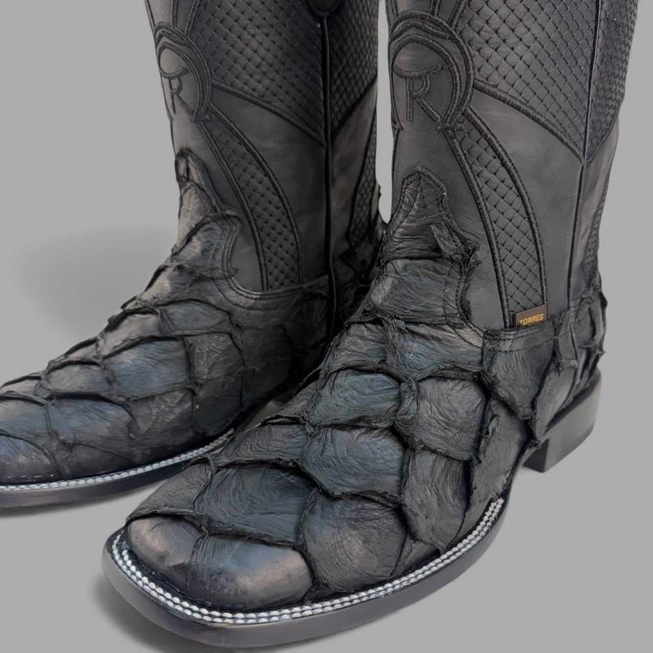 Pirarucu Negro Matte Square Toe Cowboy Boot