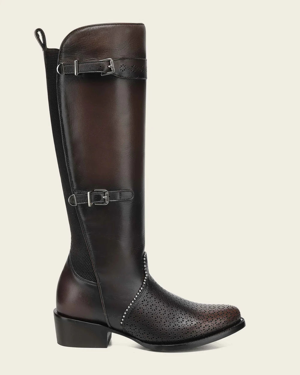 Women's Brown Tall Equestrian Leather Boot with Laser-Cut CC263