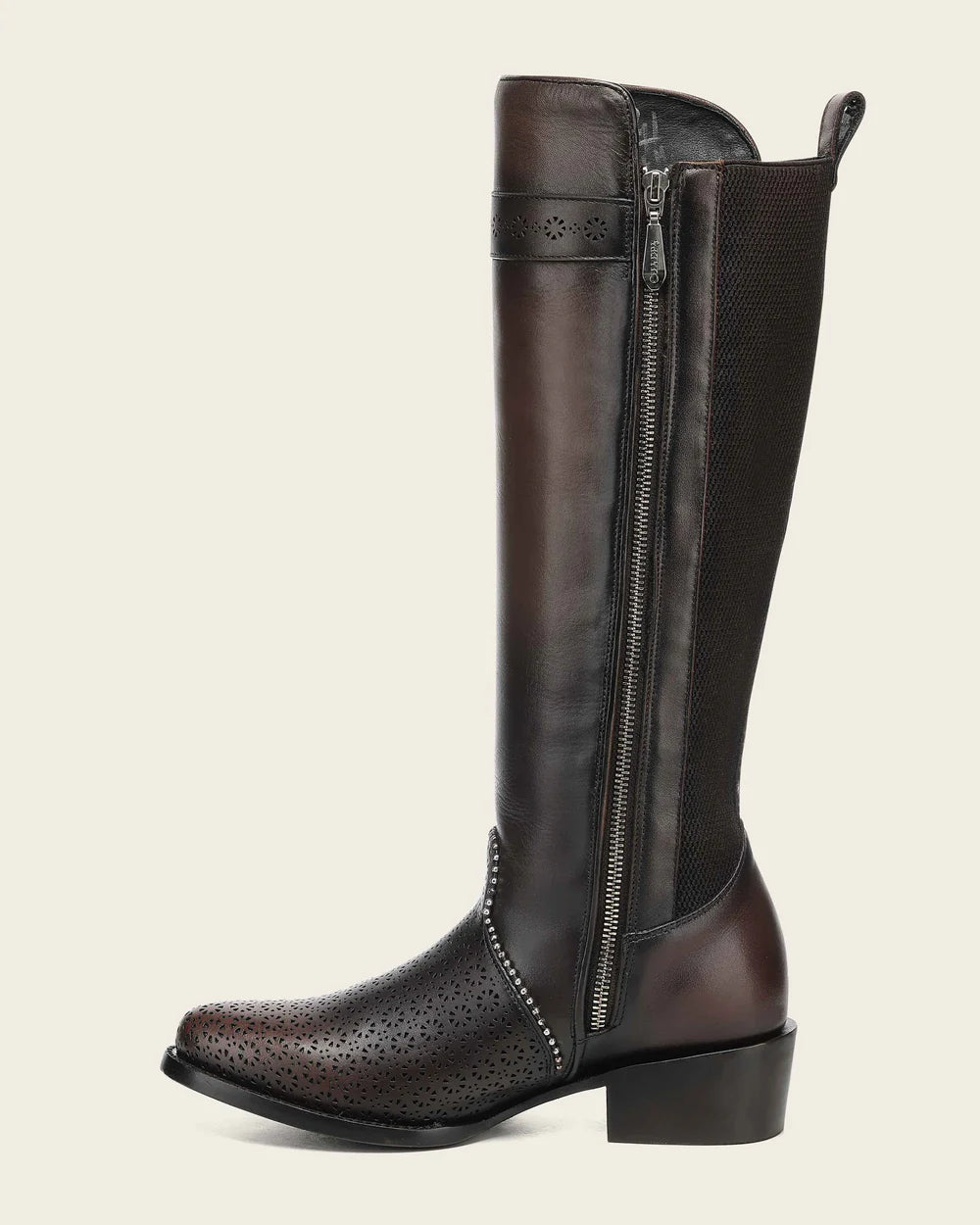 Women's Brown Tall Equestrian Leather Boot with Laser-Cut CC263
