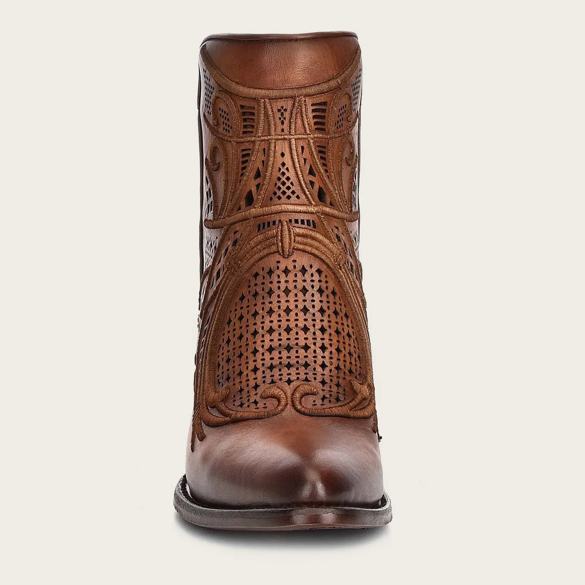 Embroidered honey leather bootie