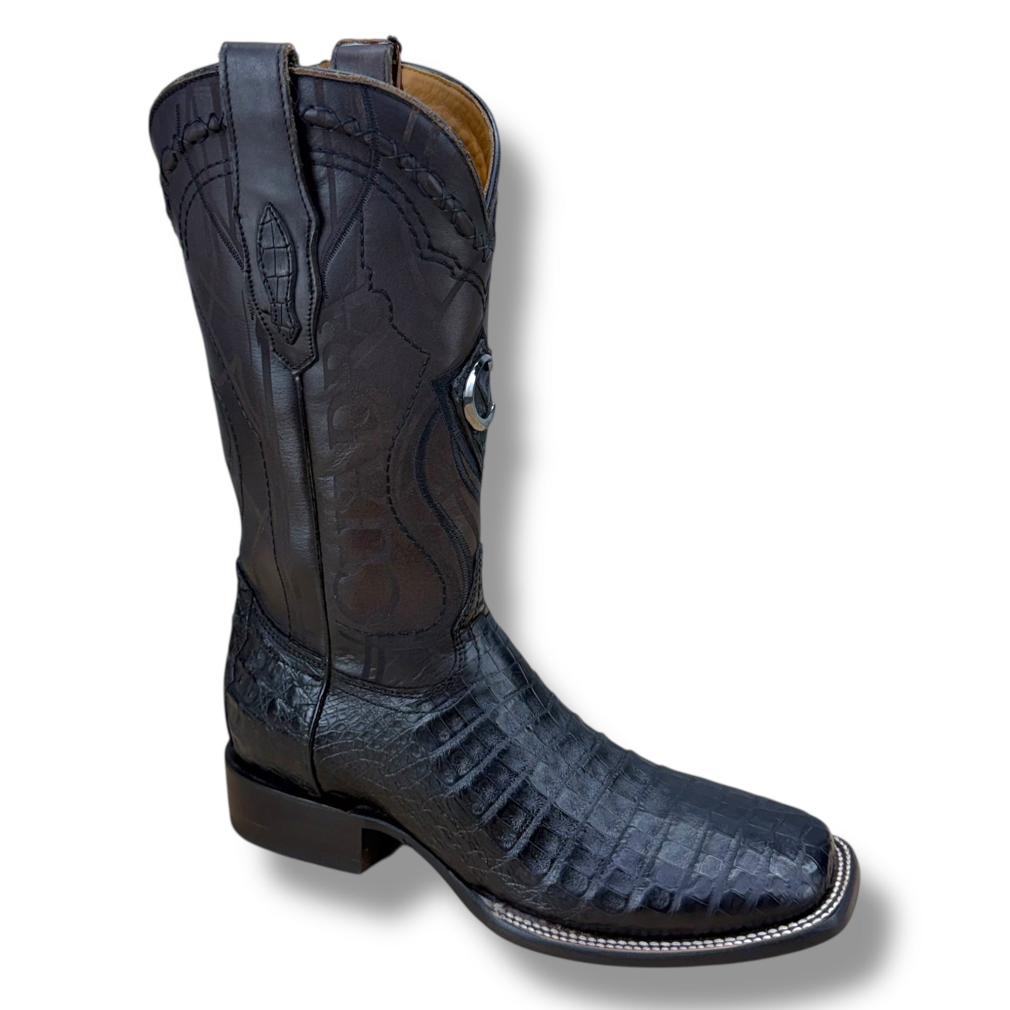CU678 Engraved Black Cayman Western Boots CU678