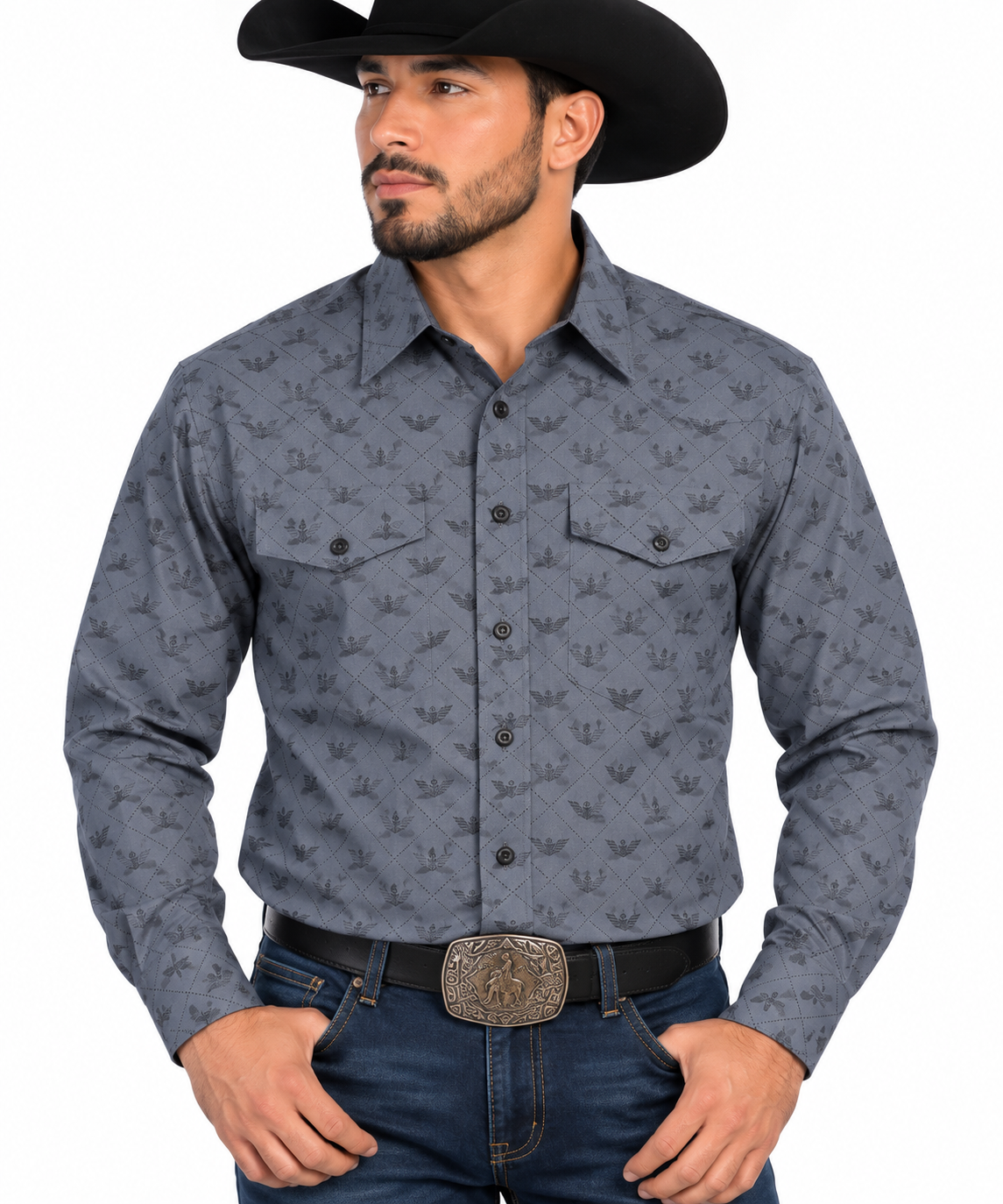 BALDELLI Charcoal Geometric Long Sleeve Shirt-FL-3440S