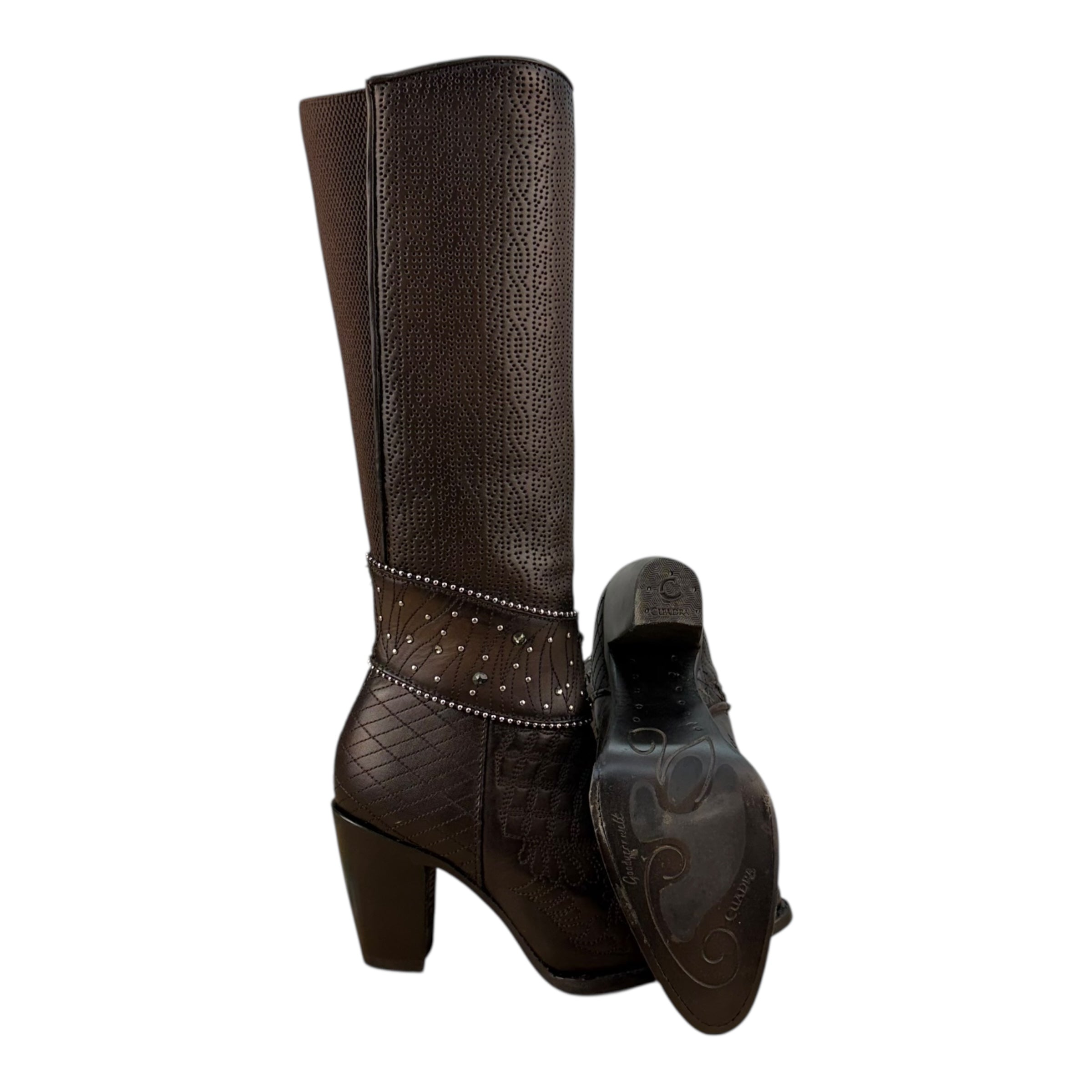 Brown Leather Tall Boots with Embroidery, Studs & Zipper CU584