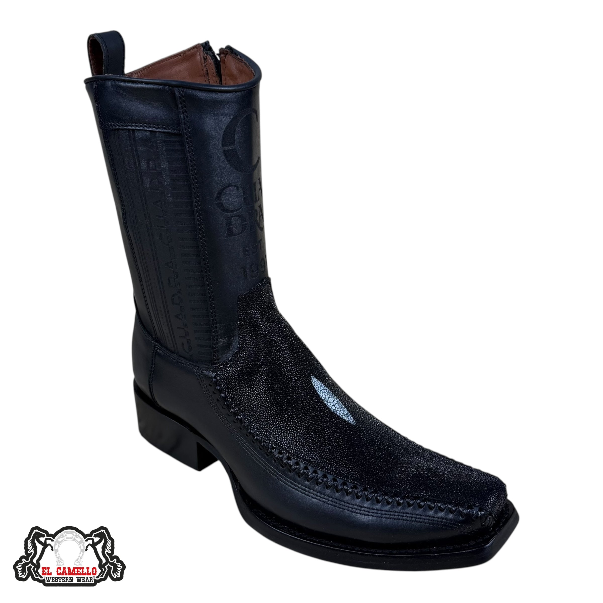 Cuadra Black Textured & Leather Square Toe Boot – Side Zip Luxury Western Style CU763