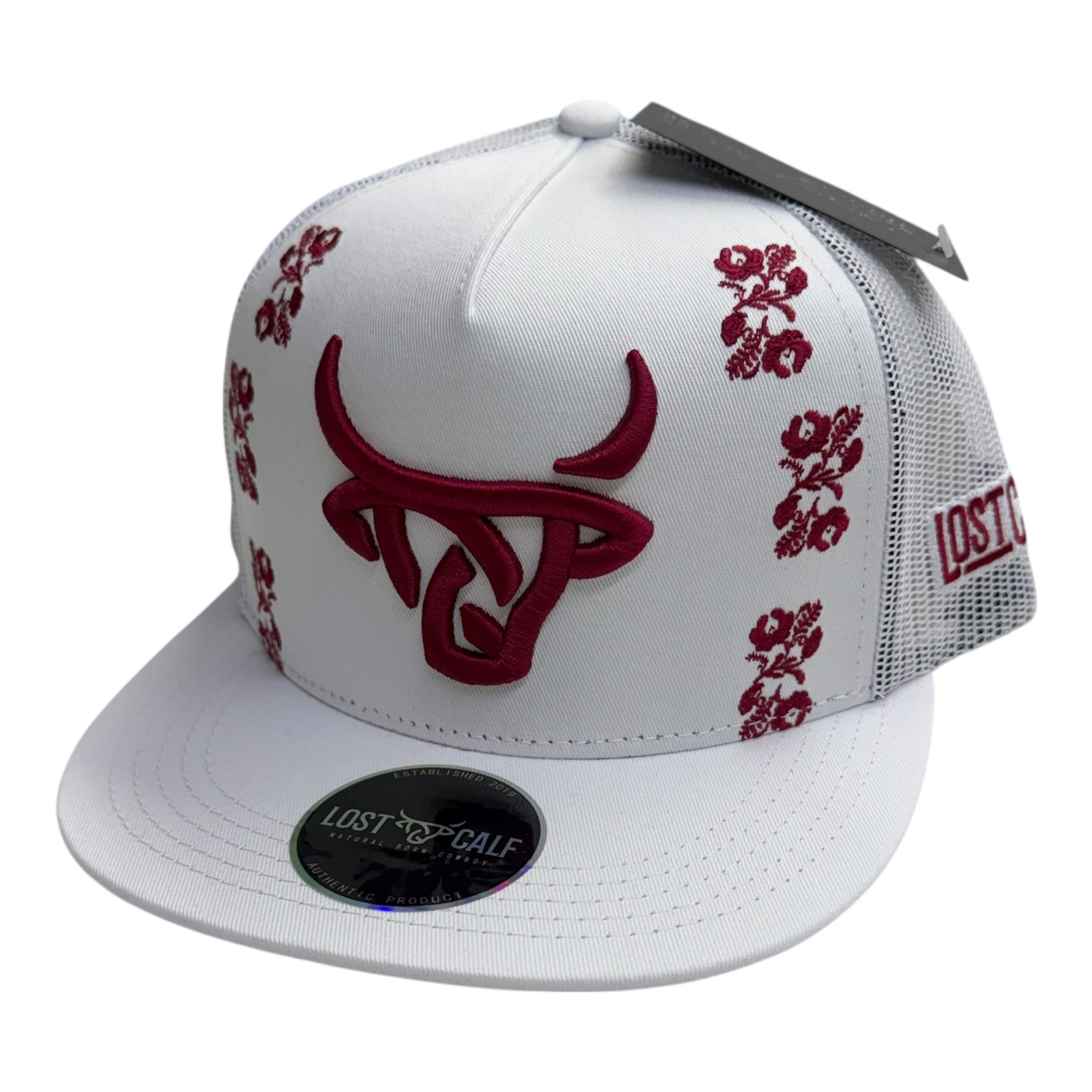 Lost Calf Floral Bull Mesh Cap – White & Burgundy LC1010