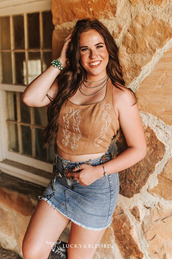 Camel Boot Stitch Embroidered Halter Top Tie Back Corset Top - TO1101-CML