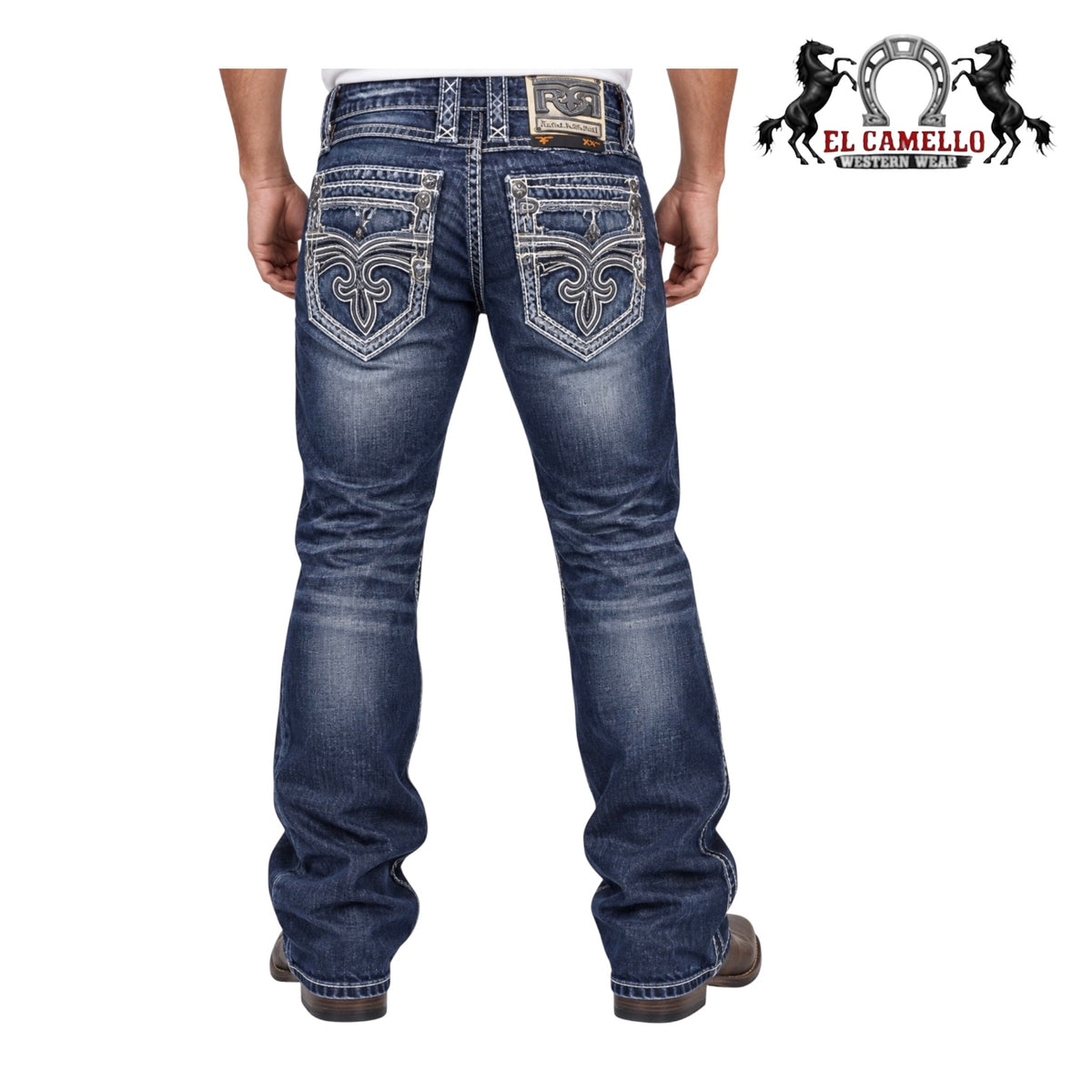 Rock Revival Men’s Dark Wash Bootcut Jeans with White Embroidered Pockets RVJ8514