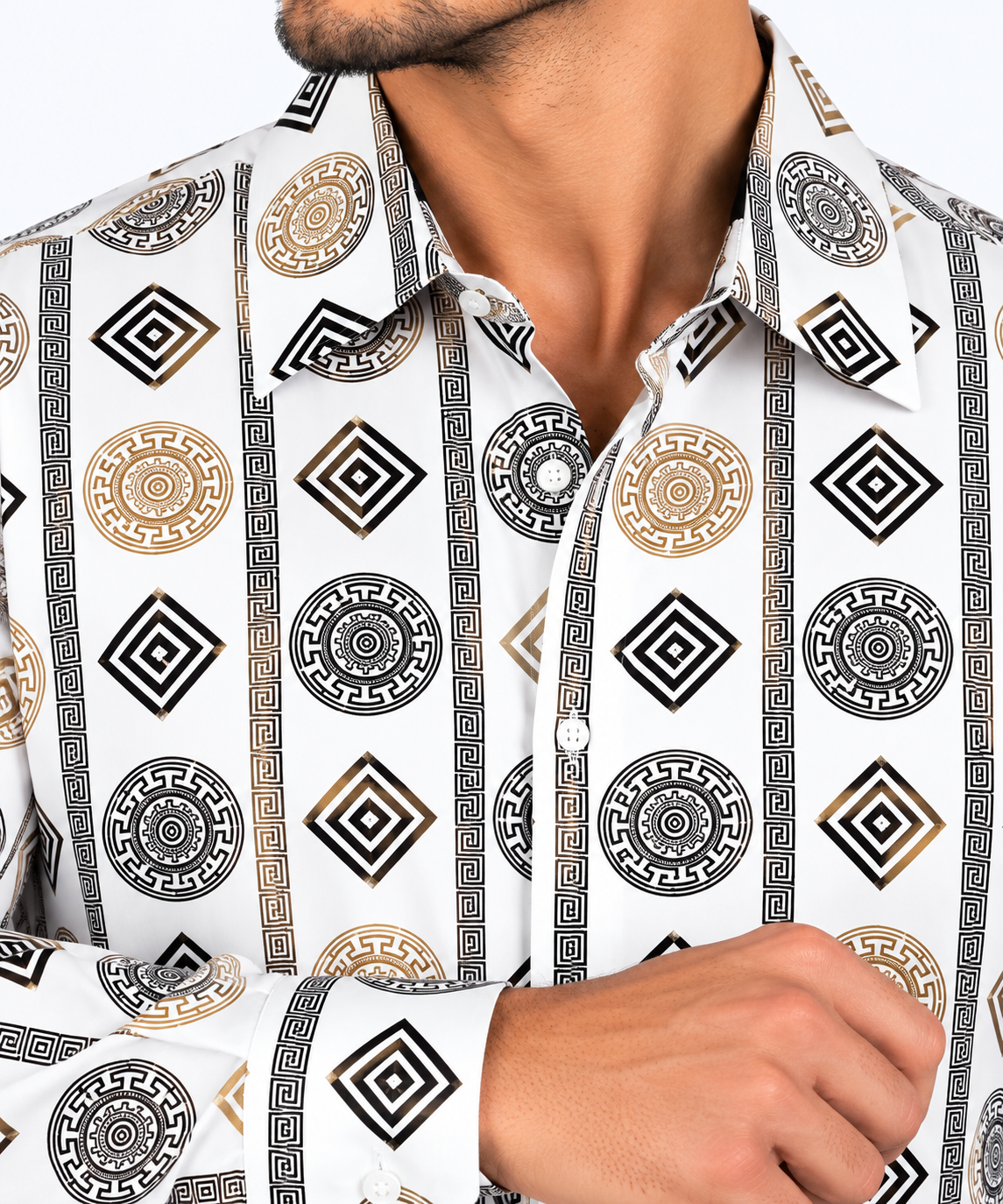 Chuxx Men’s White Black & Gold Medallion Print Long Sleeve Shirt FL-3515