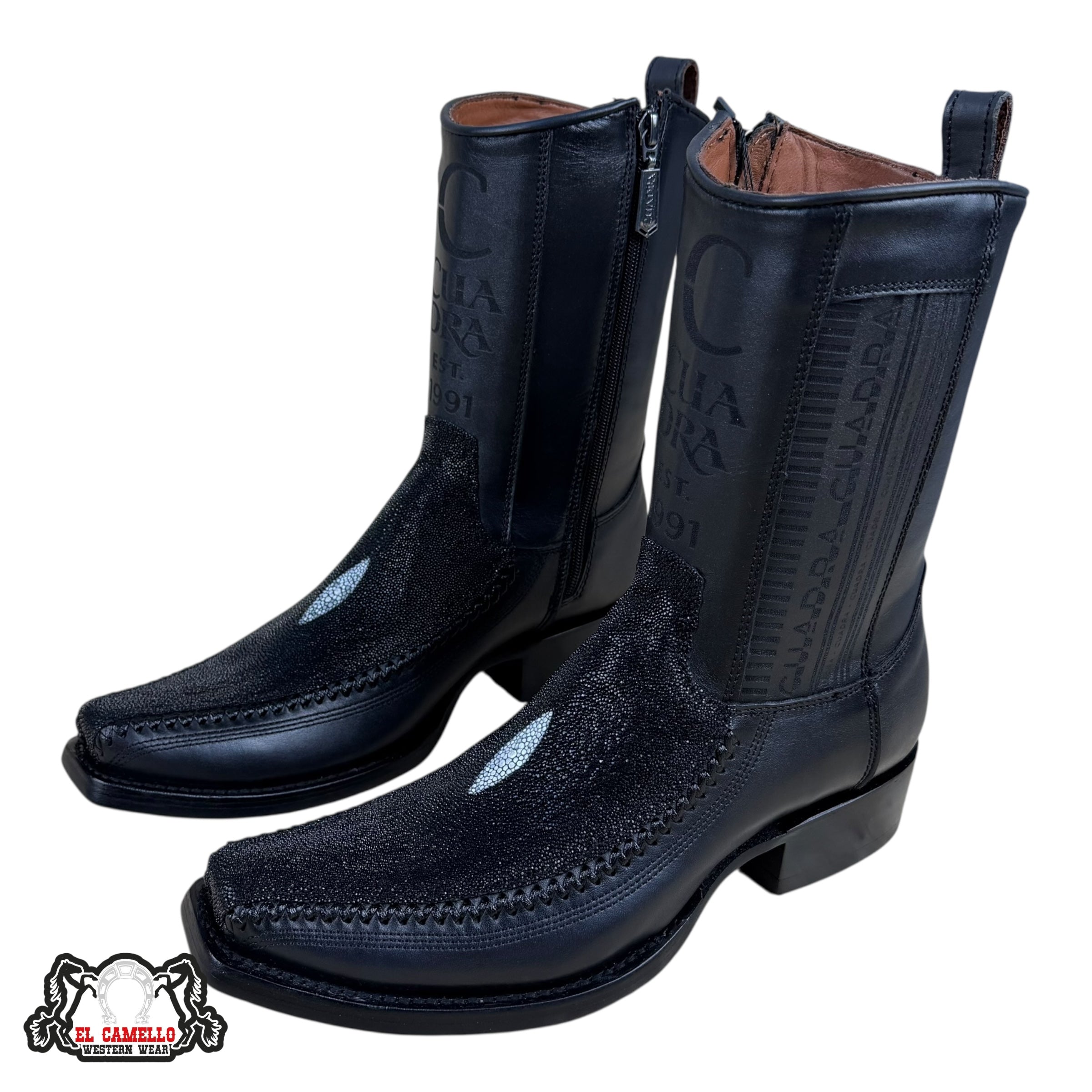 Cuadra Black Textured & Leather Square Toe Boot – Side Zip Luxury Western Style CU763