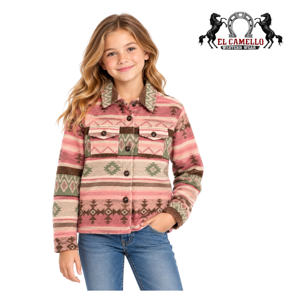 ROCK&ROLL Girls’ Pink and Sage Green Aztec Print Western Shacket