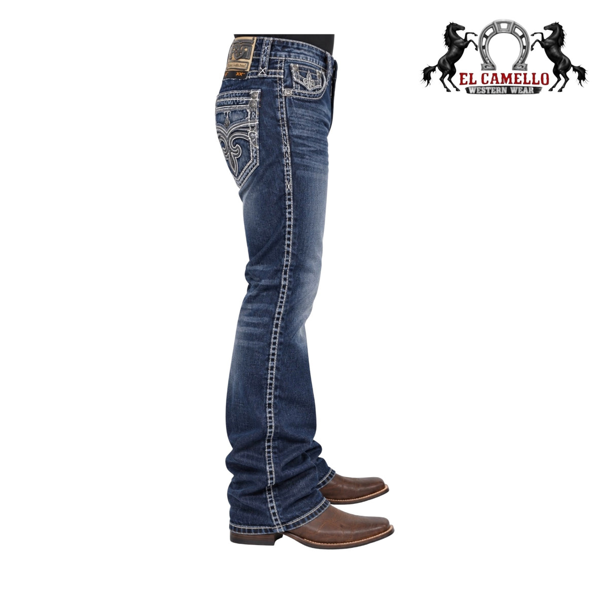 Rock Revival Men’s Dark Wash Bootcut Jeans with White Embroidered Pockets RVJ8514