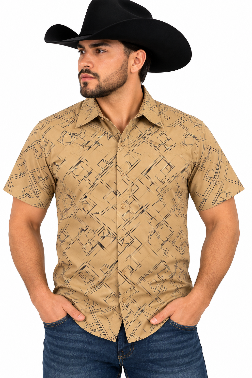 Lamasini Men’s Khaki Geometric Short Sleeve Shirt LAM2031