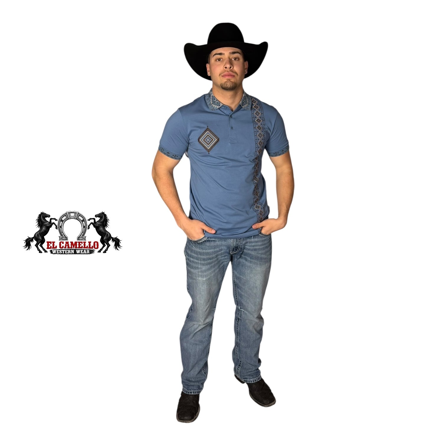 LAM28235 Men’s Western Embroidered Polo – Blue