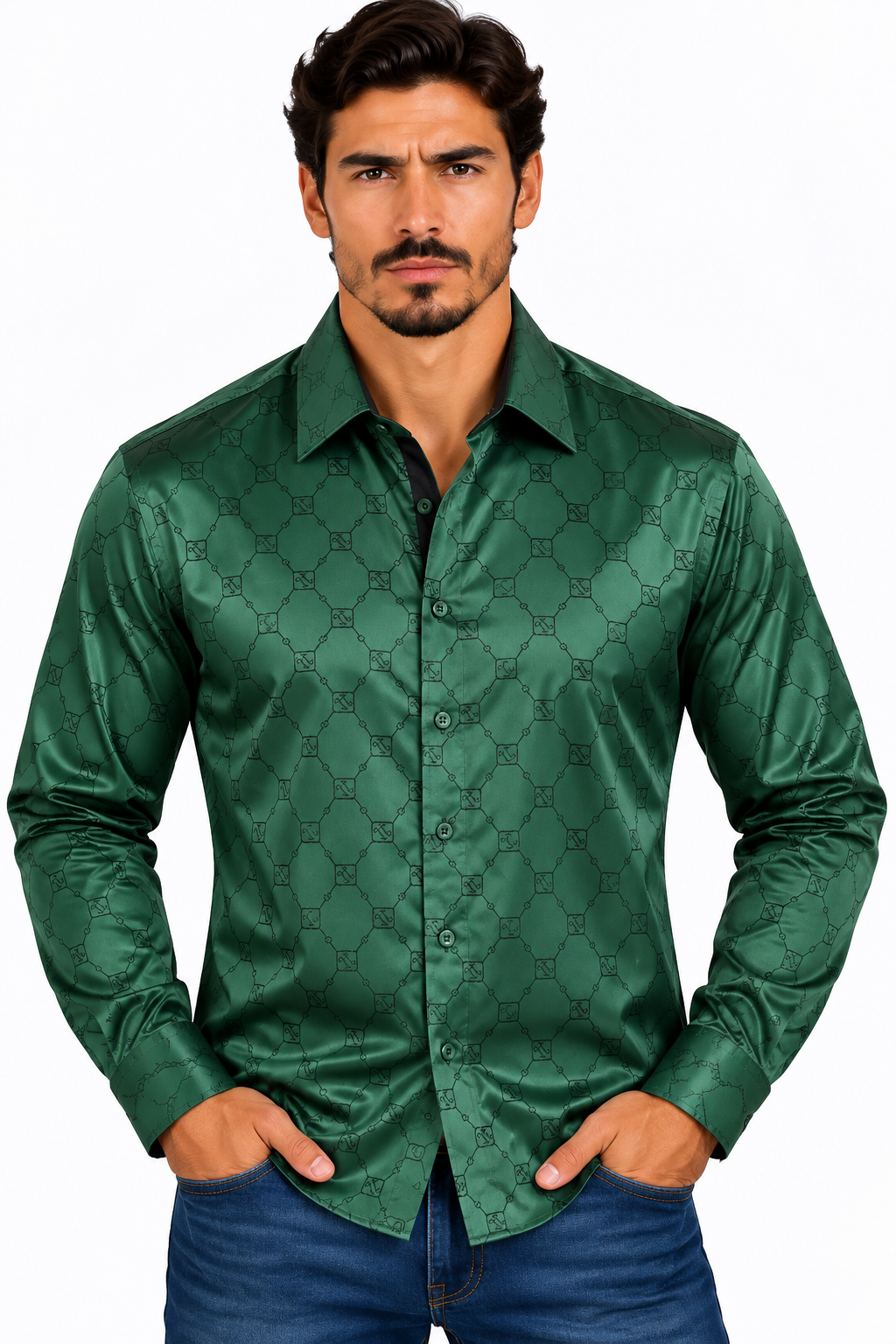 Chuxx Men’s Emerald Green Tonal Geometric Long Sleeve Shirt FL-3426