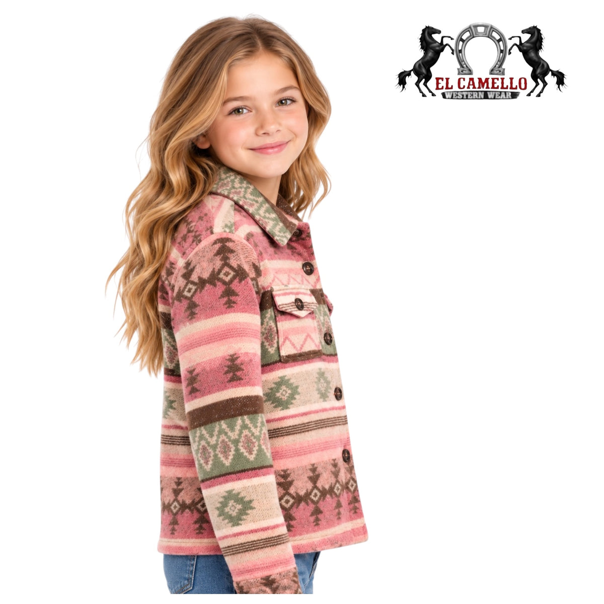 ROCK&ROLL Girls’ Pink and Sage Green Aztec Print Western Shacket