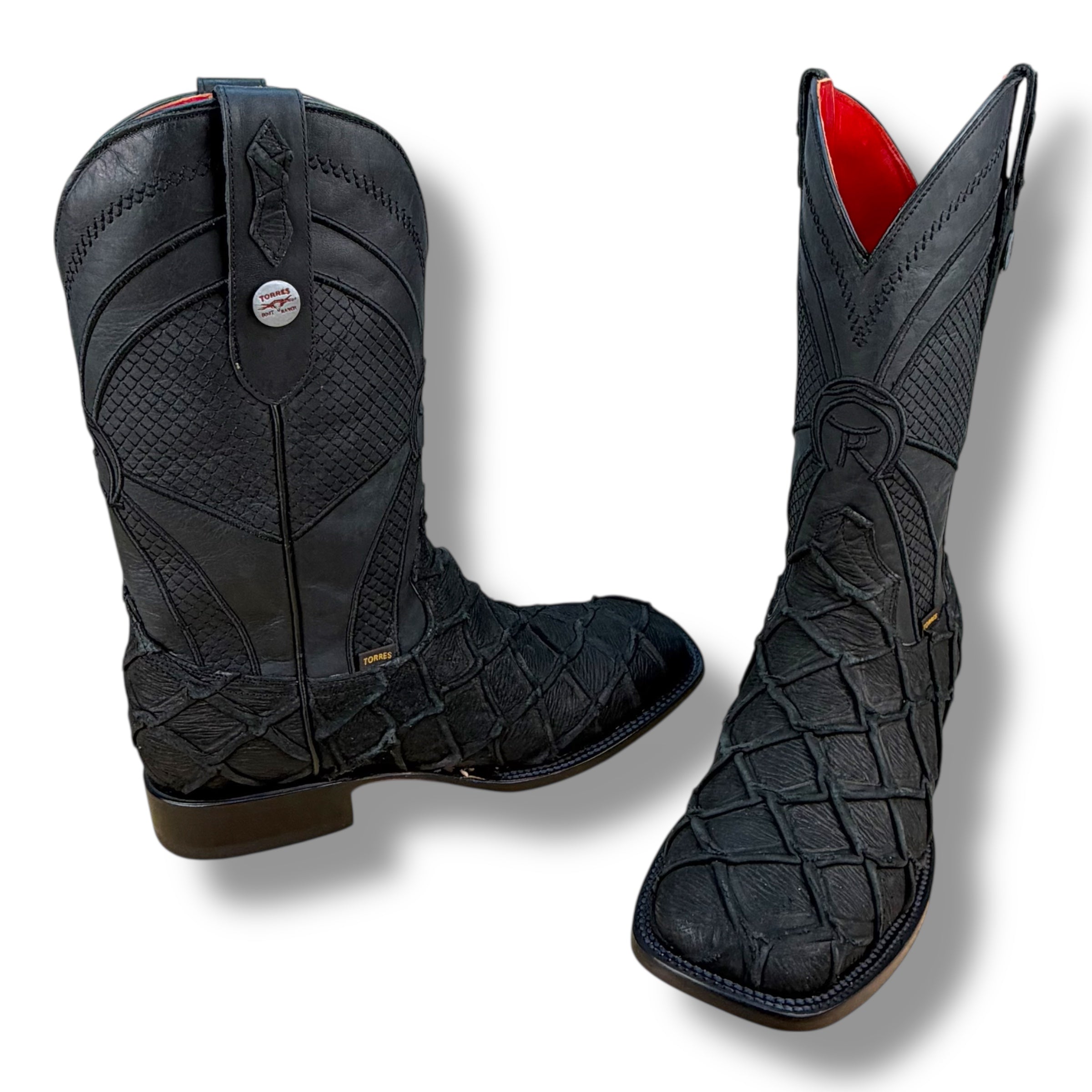 Midnight Ember Matte Black Pirarucu Leather Boot - Sqaure Tow