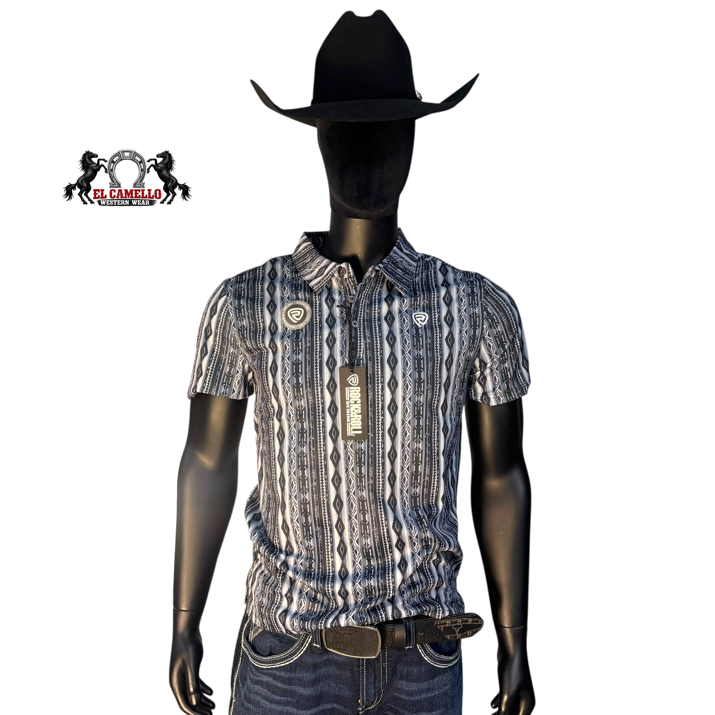 Rock & Roll Denim RR Aztec Printed Polo โ Charcoal BM51T07682