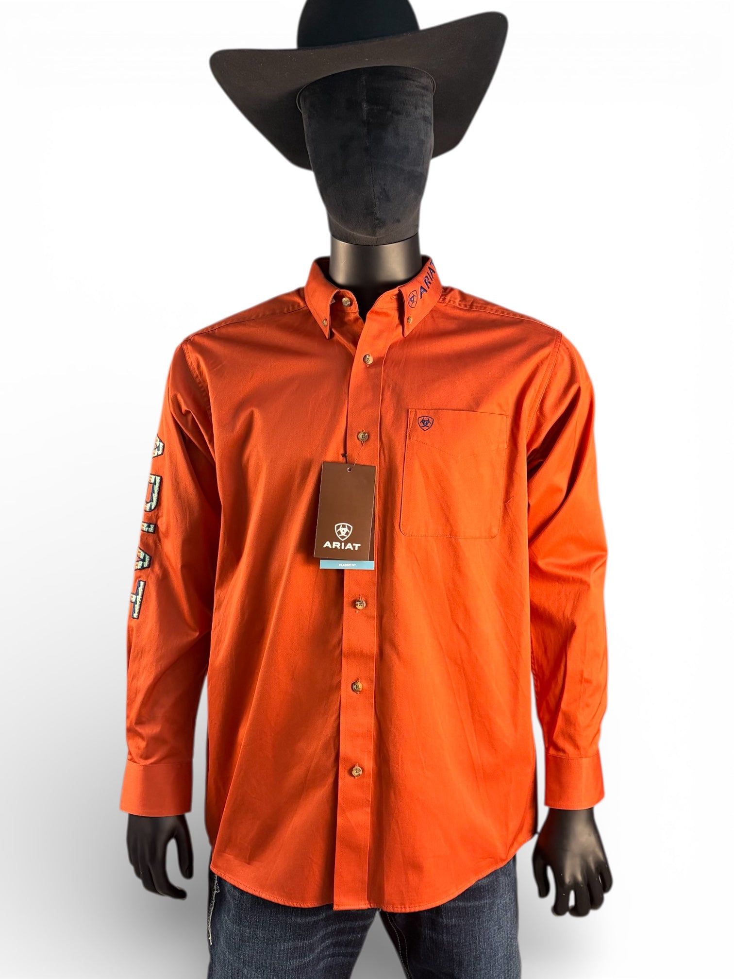 Ariat Men’s Burnt Orange Logo Sleeve Fitted Long Sleeve Western Shirt