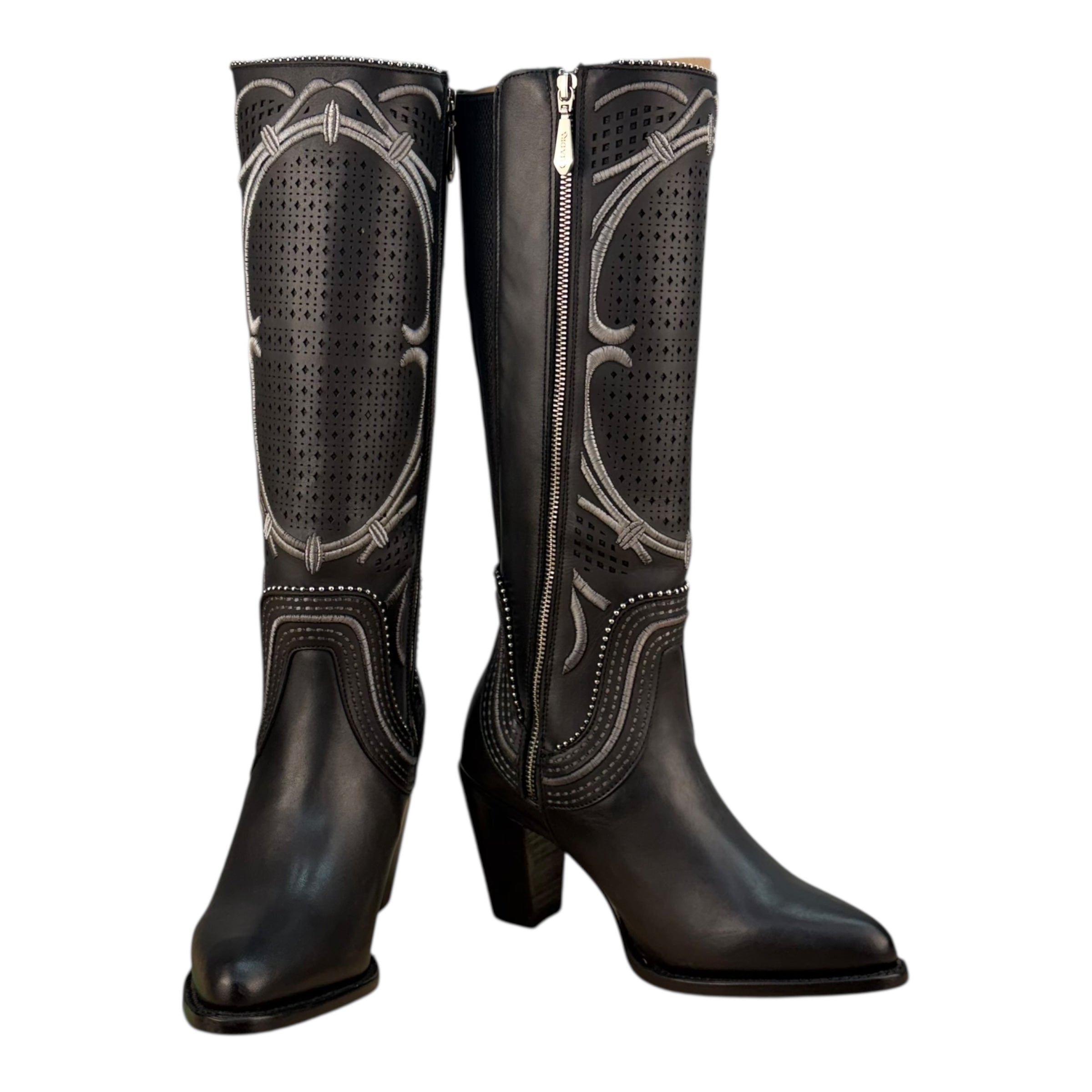 Cuadra CC242 Women’s Grey Laser Embroidery & Stud Tall Western Boots