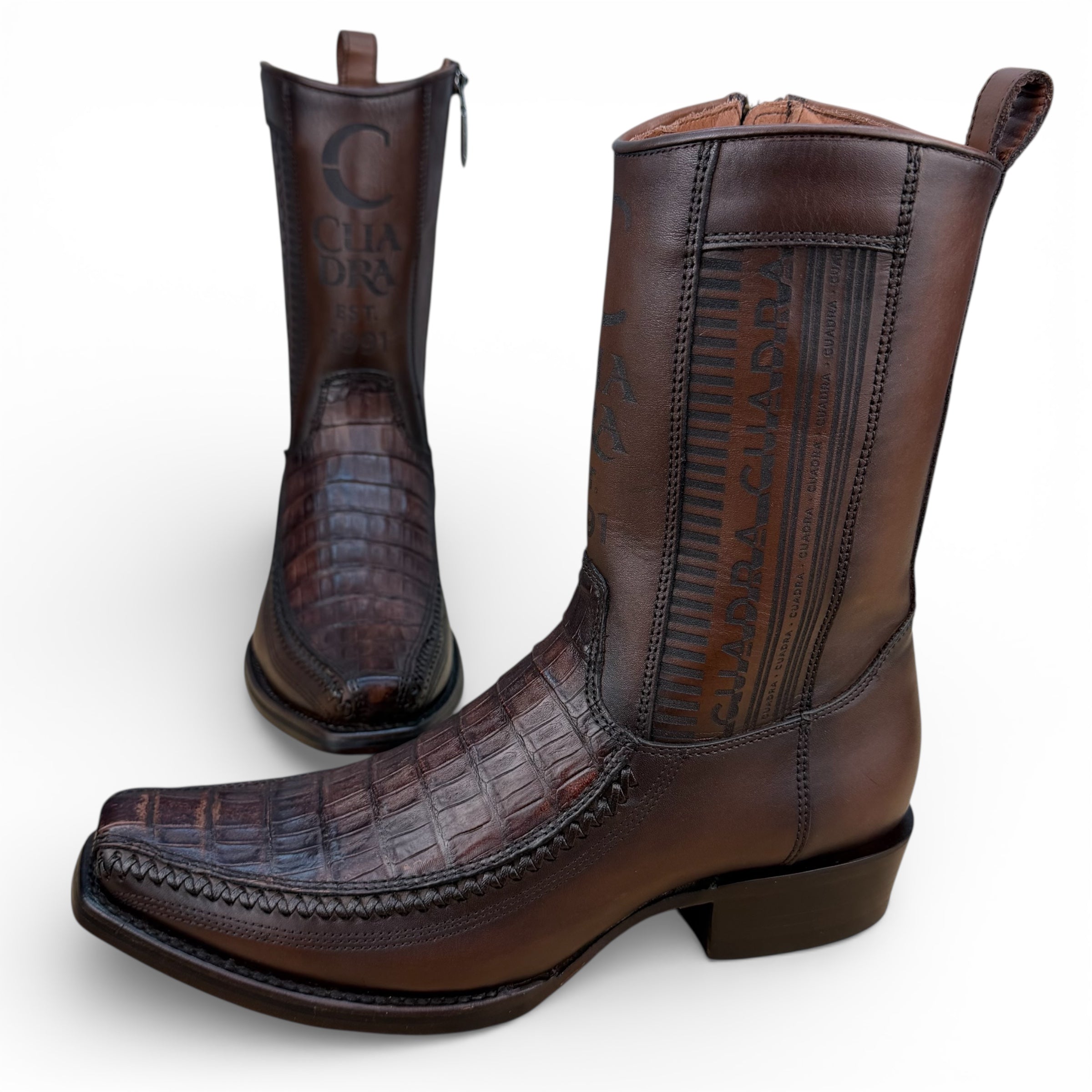 Cuadra CU698 MN Brown Caiman Laser & Woven Narrow Square Toe