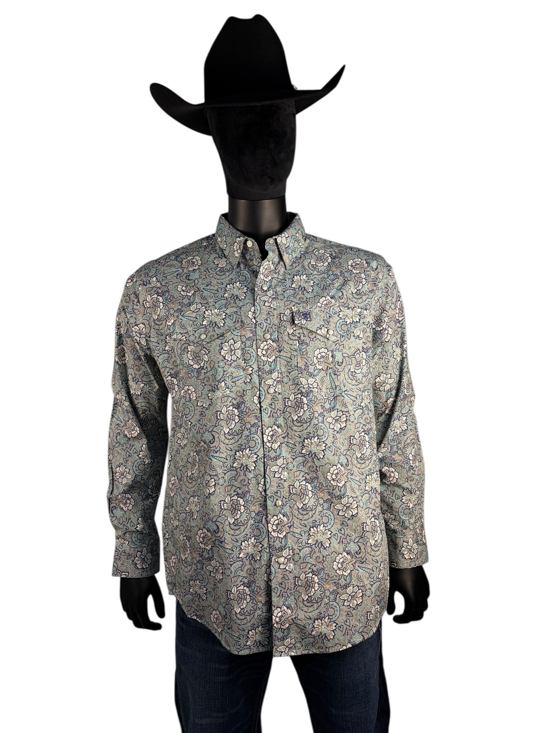 Ariat Men’s Long Sleeve Button-Down Shirt – Sage Green & Blue Floral Print