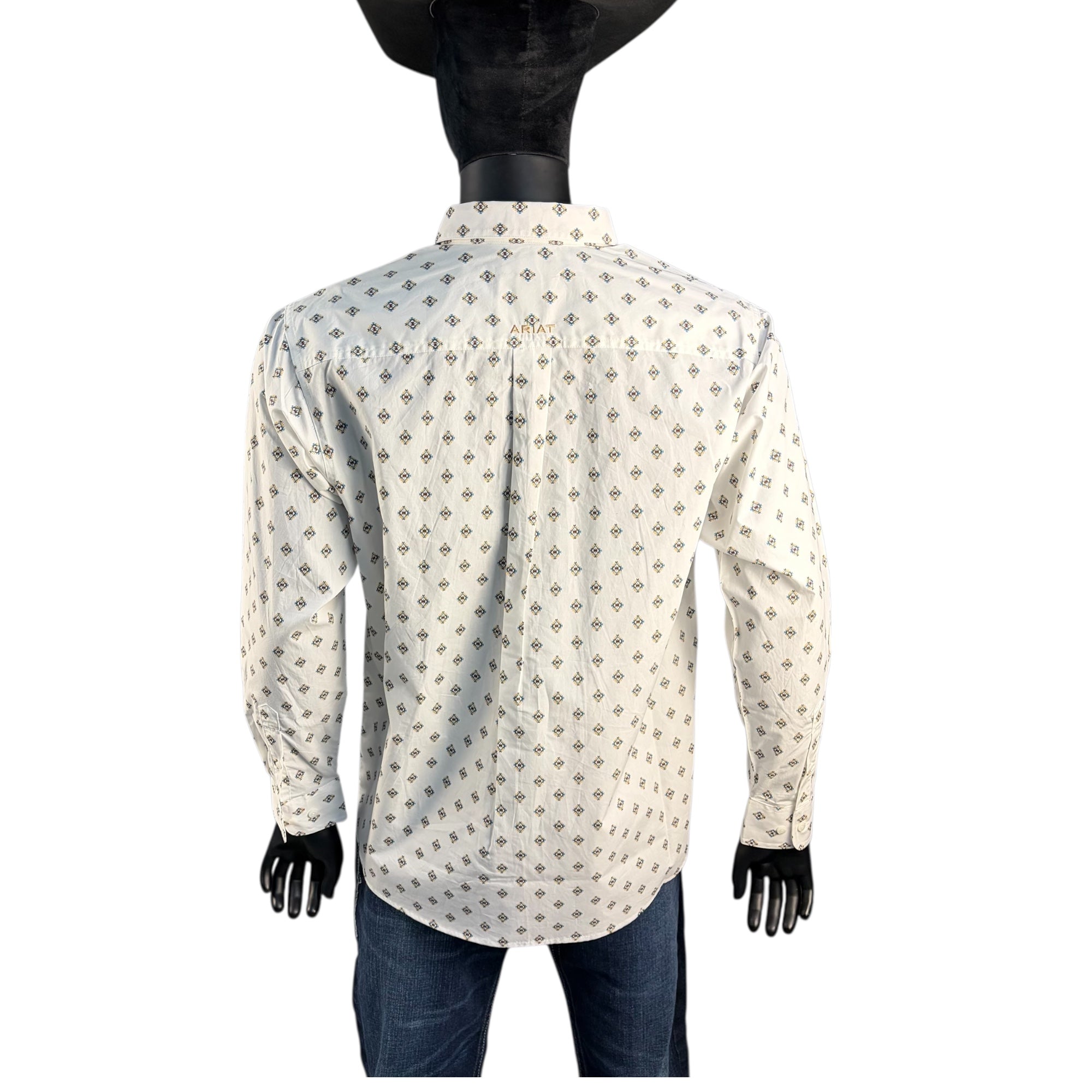 Men’s Western Long Sleeve Button-Down Shirt – Cream Geo Print
