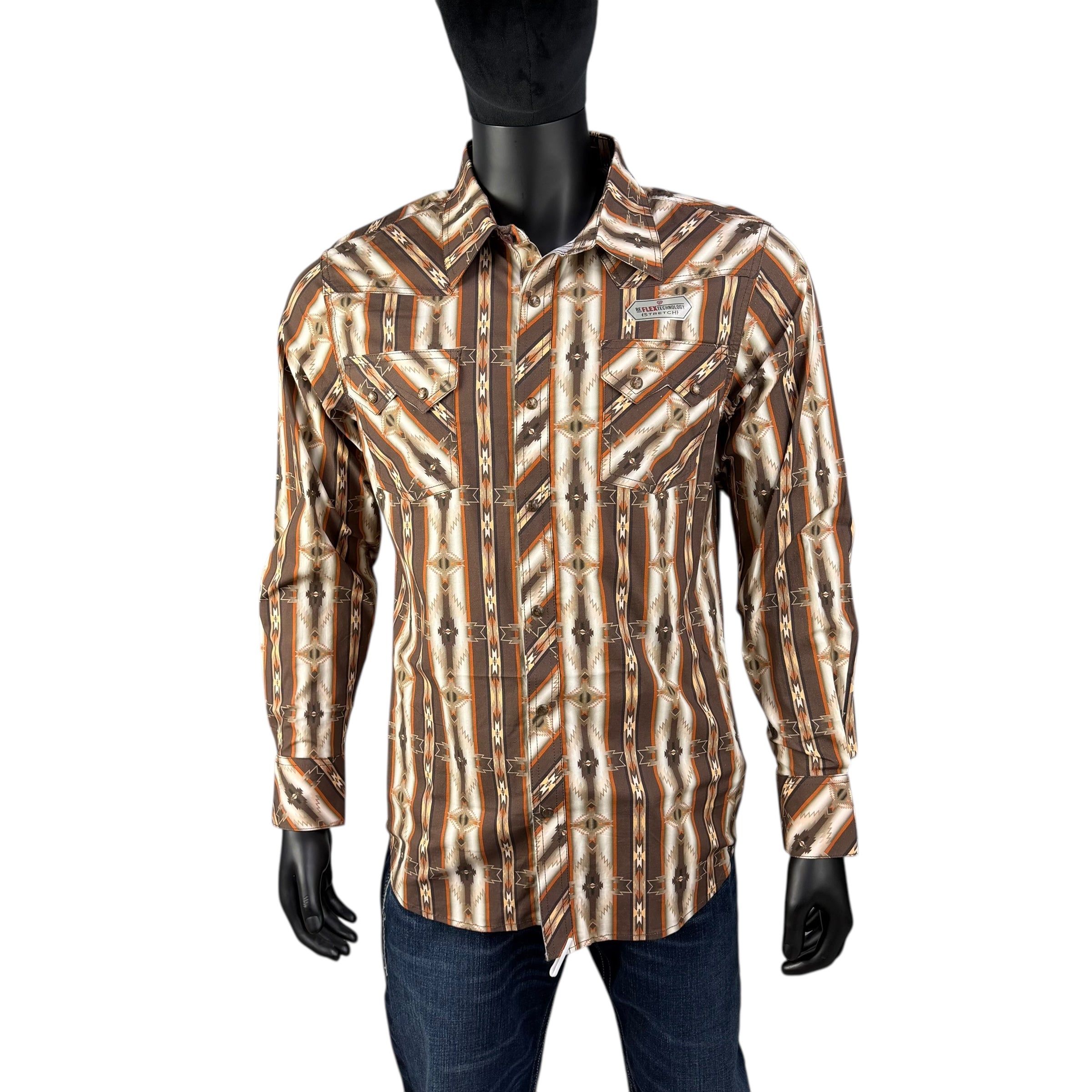 BMN2S07635 – Rock & Roll Denim Dark Brown Aztec Printed Long Sleeve Western Shirt