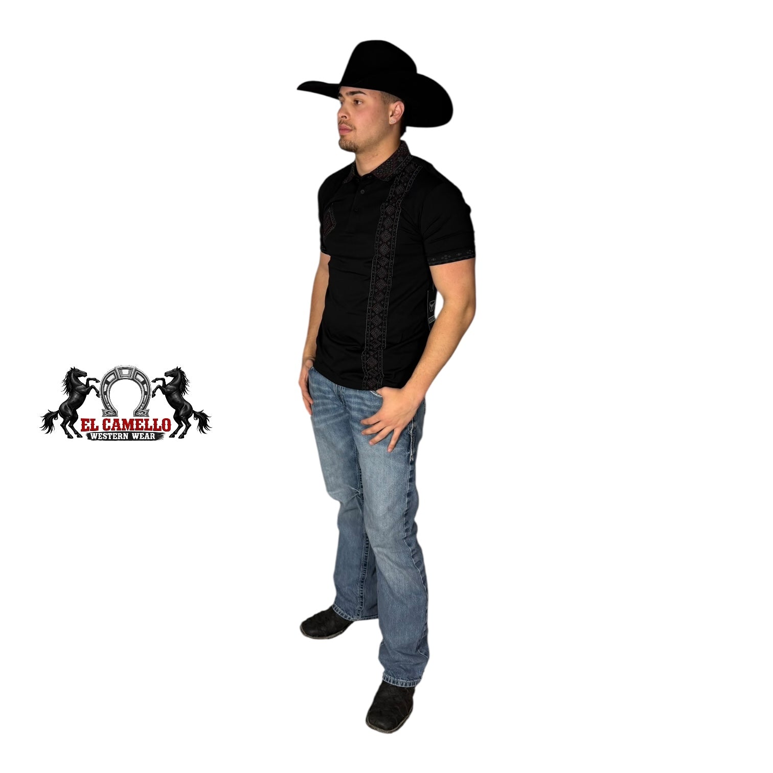 LAM-28235 Black Western Embroidered Polo